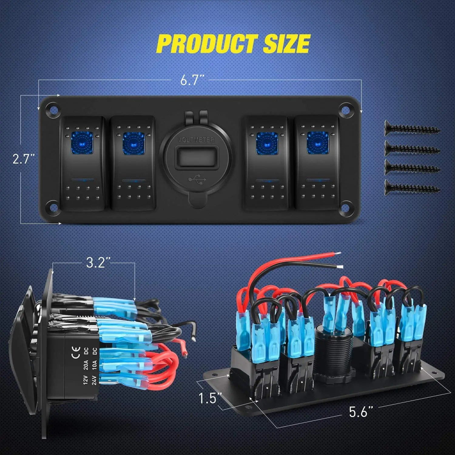 4 Gang Aluminum 5 Pin ON/Off Blue LED Rocker Switch Panel with QC 3.0 Dual USB Charger & Voltmeter - Perfect for Marine, RV, Truck, and Boat Electrical Systems