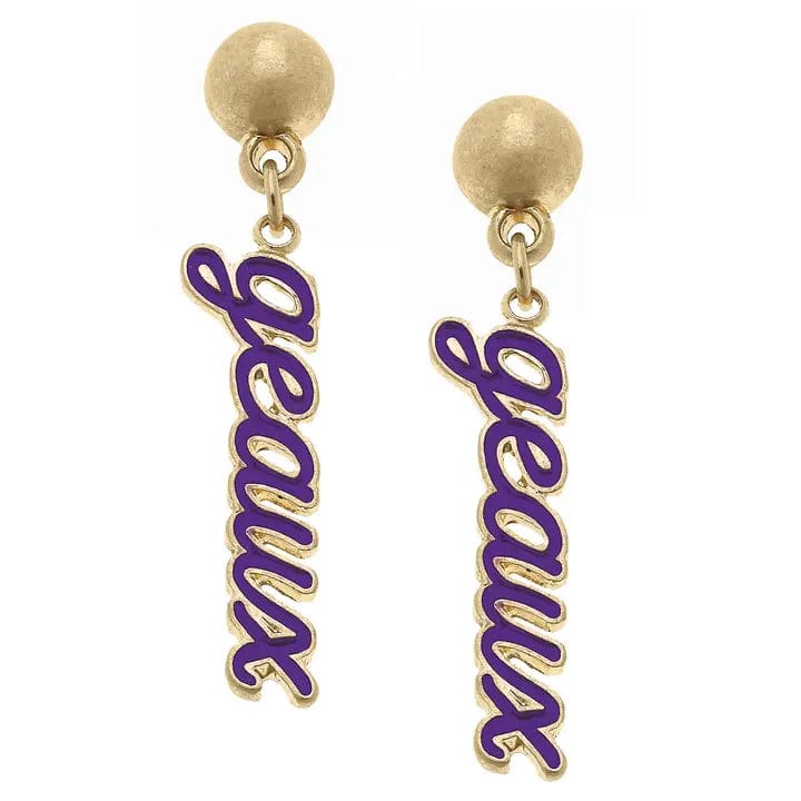 LSU Purple Geaux Drop Earrings for Women - Gold Plated Louisiana State University Fan Jewelry - Perfect for Game Day, Tailgating & Tigers Pride Gifts
