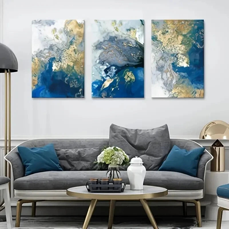 3-Piece Blue and Gold Teal Metal Wall Art Prints - Ready to Hang Modern Home Decor for Living Room, Bedroom & Office