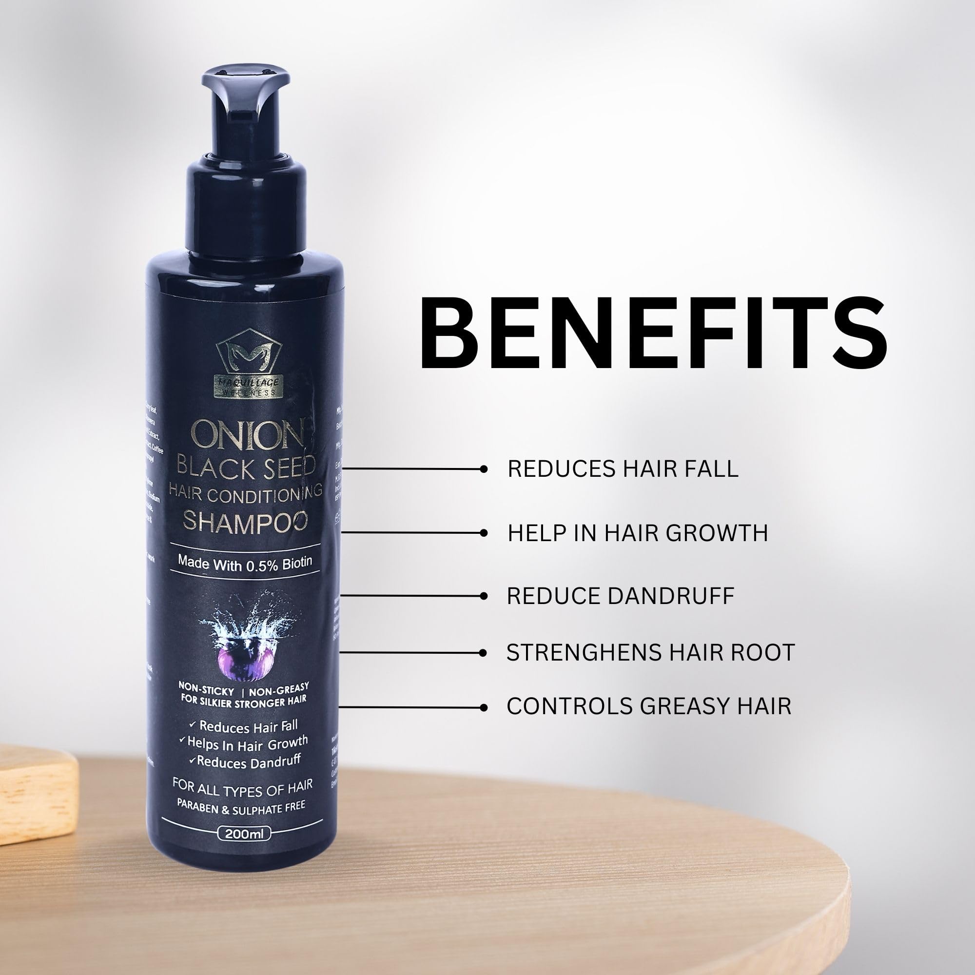 Onion Black Seed Hair Growth Shampoo - Biotin Enriched for Anti Hair Fall & Stronger Hair | Sulfate & Paraben Free 200ml | Promotes Thicker, Silkier Hair for Daily Use & Scalp Care