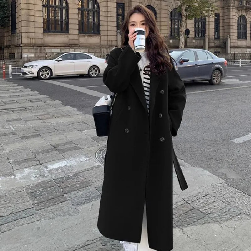 Women's Faux Wool Belted Double Breasted Long Coat - Notched Collar Full Sleeve Loose Fit Jacket for Autumn | Casual Outerwear for Work, Dating & Fall Fashion
