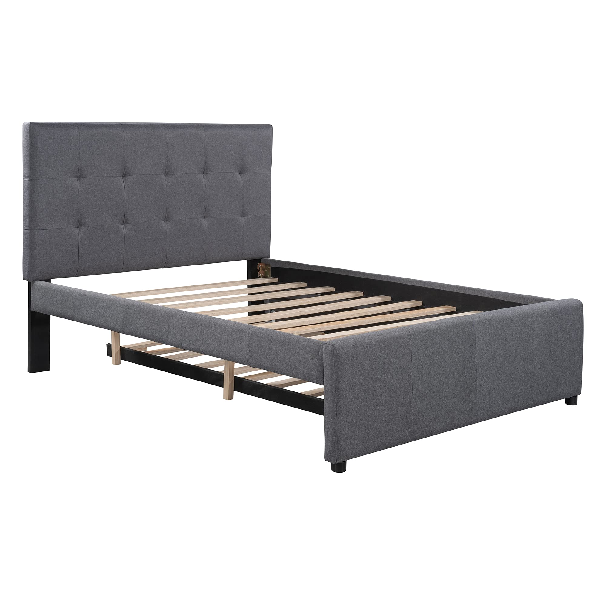 RUNNA Full Size Upholstered Platform Bed Frame with Trundle - No Box Spring Needed, Linen Fabric Headboard for Kids & Teens Bedroom - Perfect for Sleepovers, Small Spaces & Guest Rooms