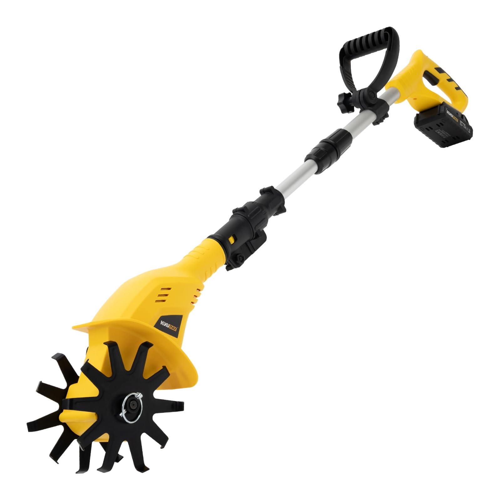 20V Cordless Electric Garden Tiller Cultivator with Steel Tines - Battery Powered Handheld Mini Tiller for Gardening - 3-4FT Adjustable Pole, 6.3