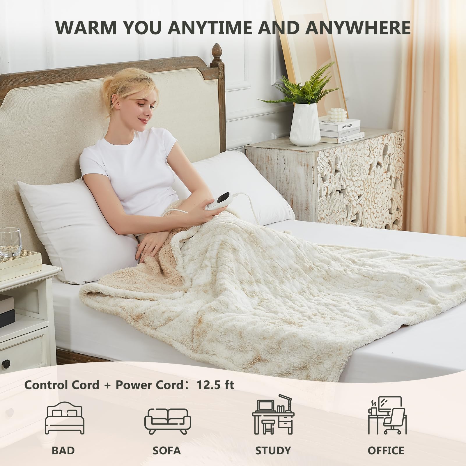 Homemate Electric Heated Blanket Twin Size (62x84 inches) - 5 Heat Settings & 10 Temperature Levels with Auto Shut-Off & Overheat Protection | ETL Certified Luxury Faux Fur Sherpa Heating Blanket | Perfect for Winter Nights, Bedroom Comfort & Cold Weather Relaxation