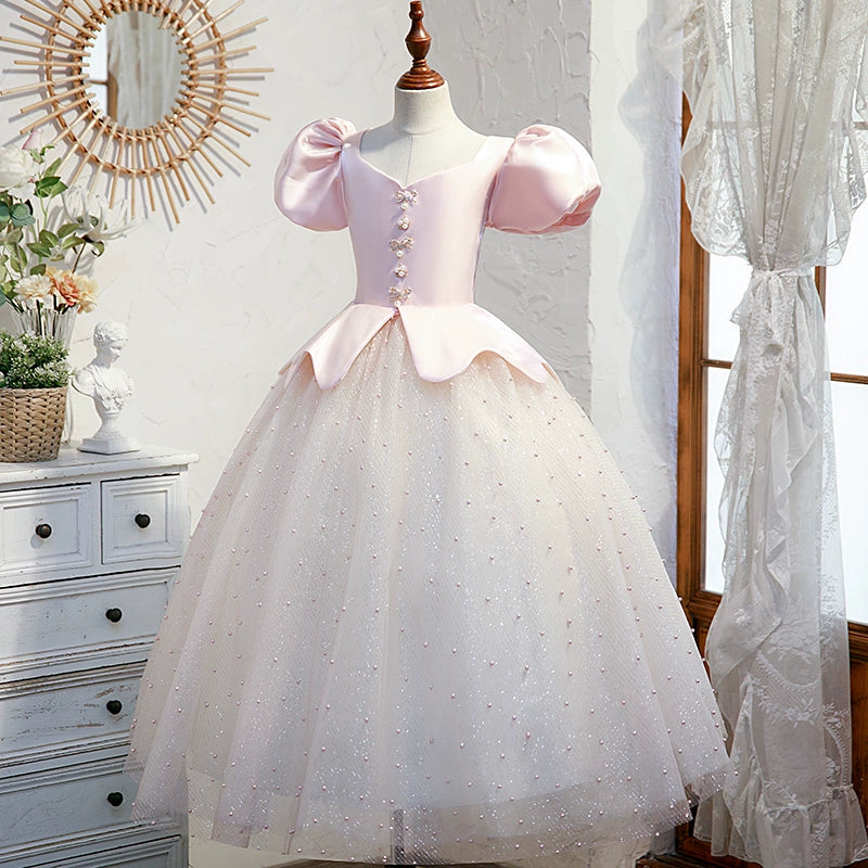 Pink Princess V-Neck Floor-Length Satin Flower Girl Dress for Weddings, Pageants & Special Occasions