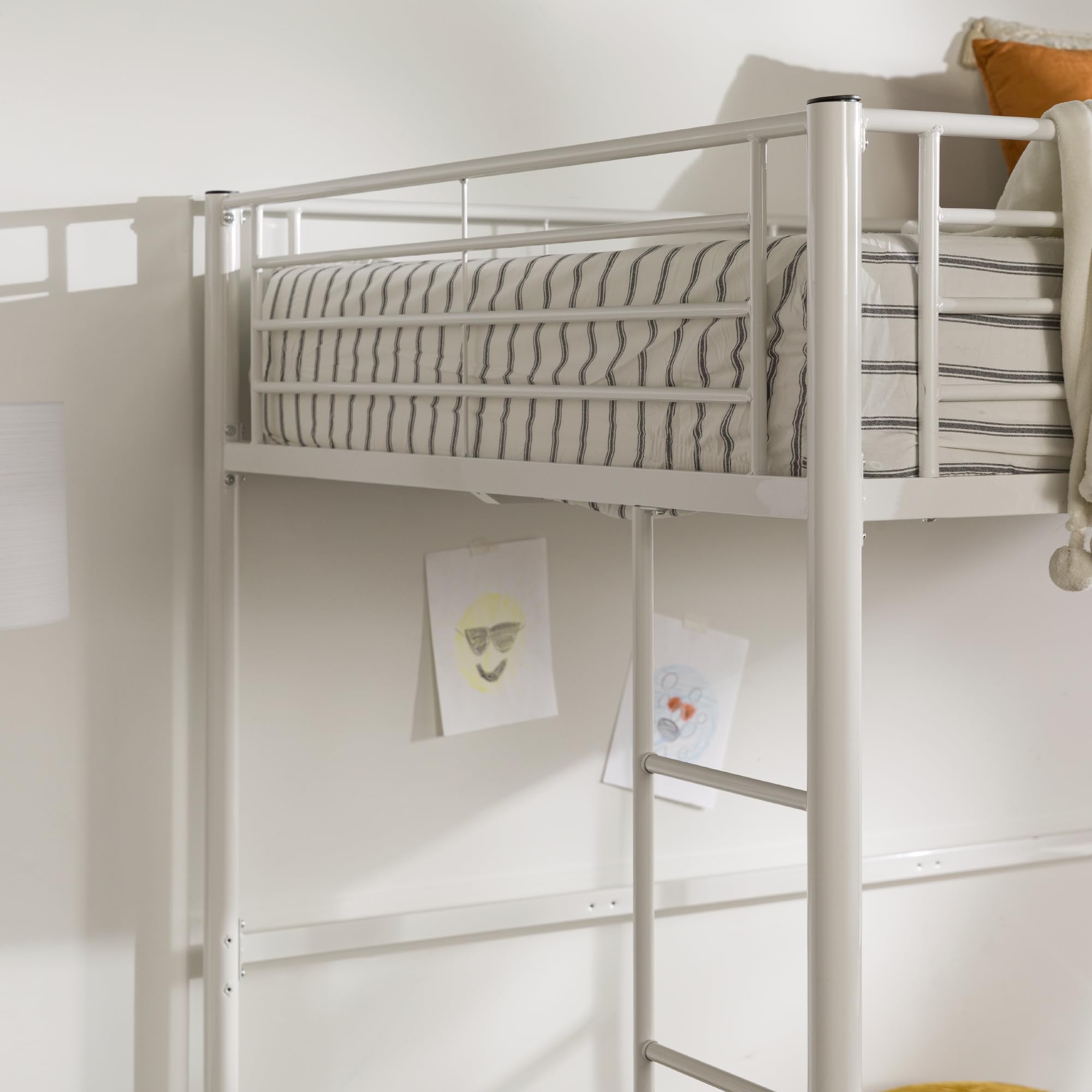Walker Edison Timothee Urban Industrial Metal Full Double Loft Bunk Bed - White | Space-Saving Kids & Teen Bedroom Furniture for Small Rooms & Dorm Living