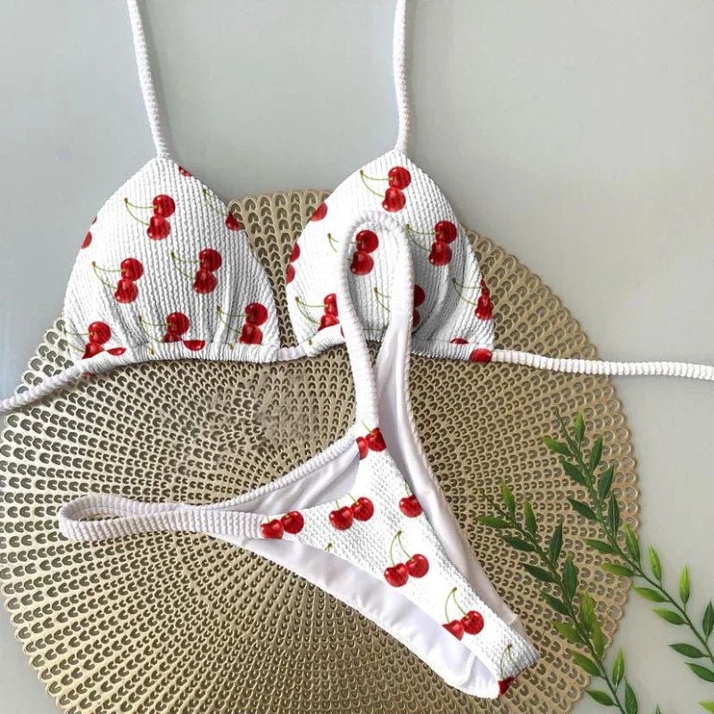 Women's Cherry Print Bikini Set - Brazilian Thong Swimsuit Two Piece Bathing Suit | Summer Beach Vacation, Pool Party, Tropical Getaway Swimwear
