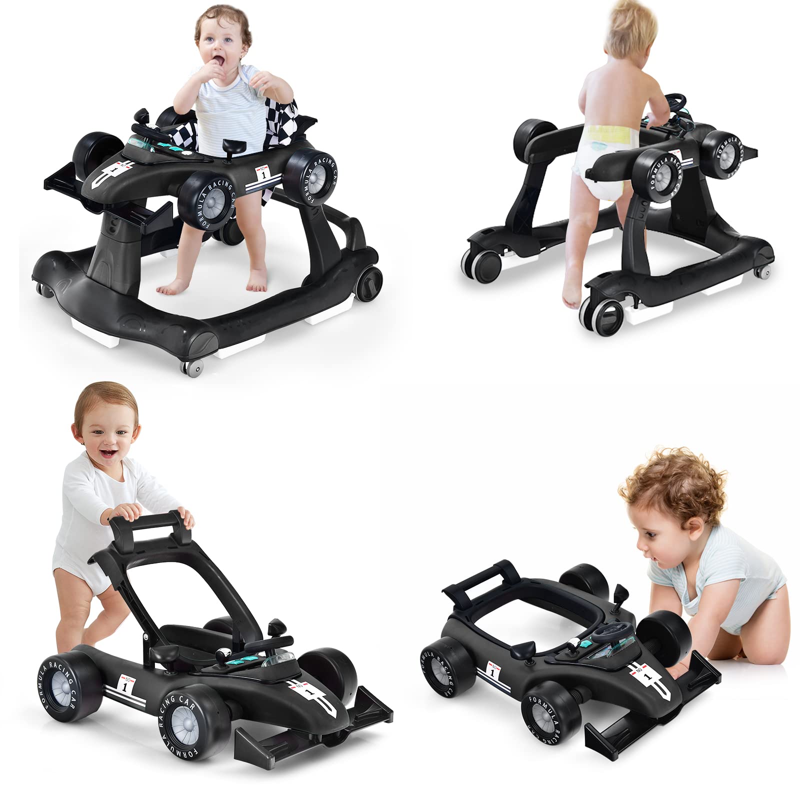 HONEY JOY 4-in-1 Baby Walker with Adjustable Height & Speed | Foldable Push Walker with Music, Lights & Padded Seat | Smooth Wheels for Boys & Girls 6+ Months (Black) | Perfect for Learning to Walk & Indoor Playtime