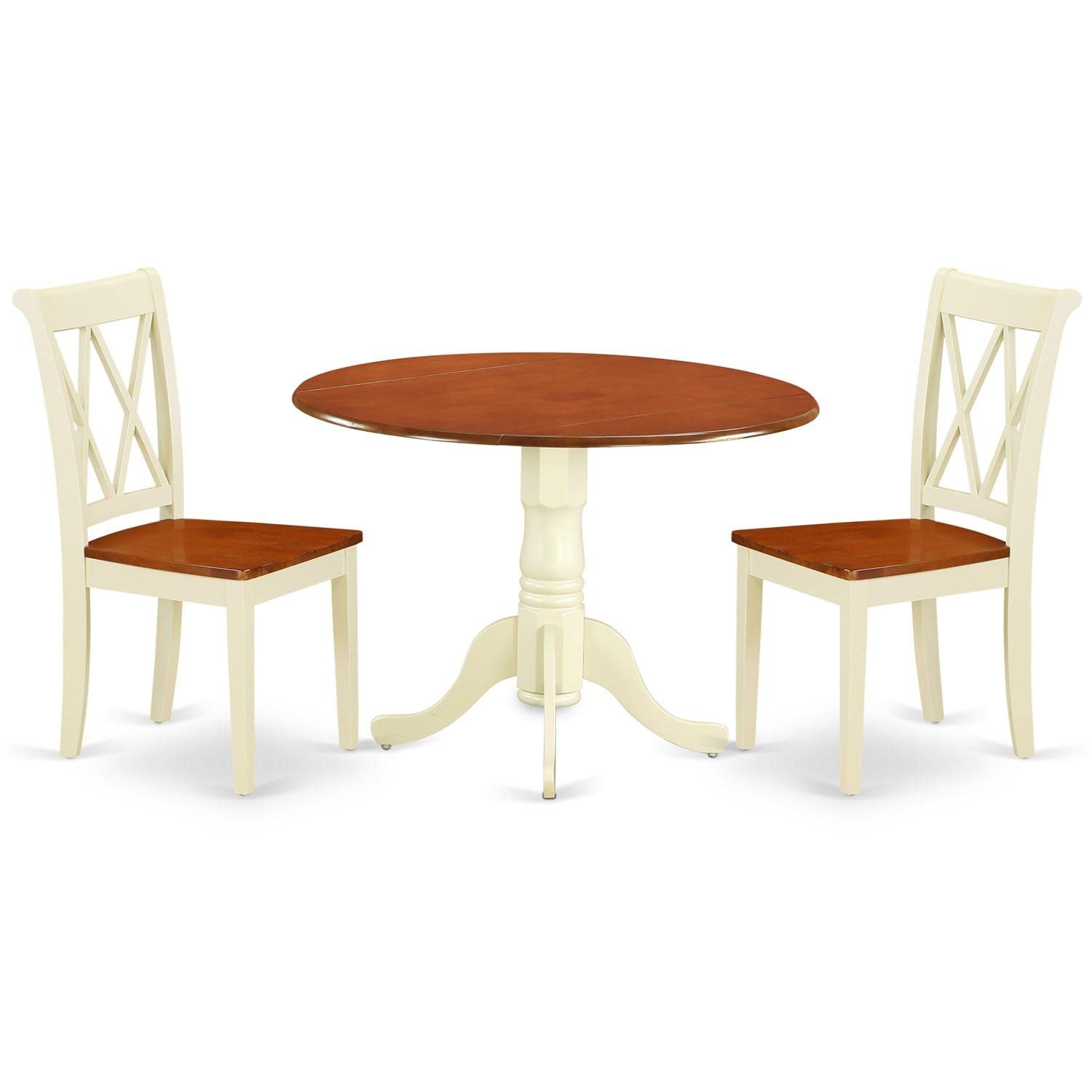 East West Furniture DLCL3-BMK-W 3-Piece Small Space Dinette Set with Round Drop-Leaf Dining Table & 2 Chairs, 42x42 Inch, Buttermilk & Cherry – Perfect for Apartments, Breakfast Nooks & Cozy Dining Areas
