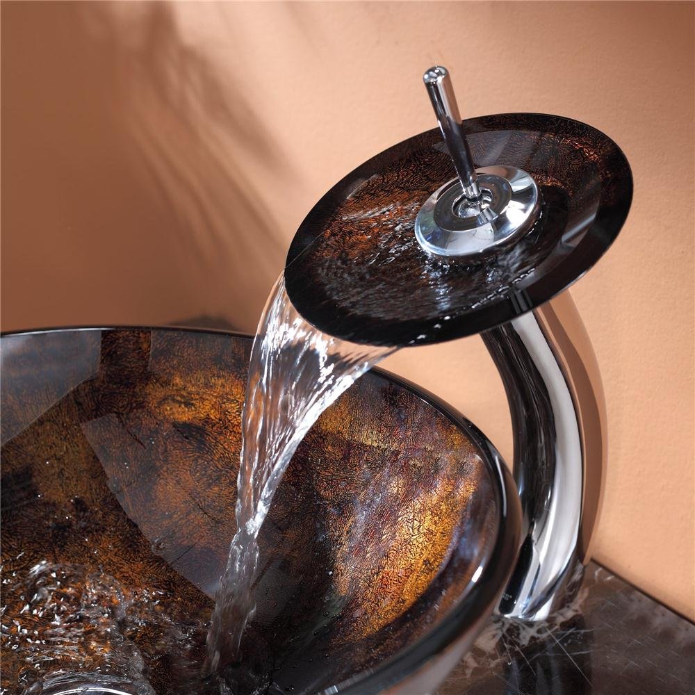 KRAUS Pluto Glass Vessel Bathroom Sink in Rich Brown with Chrome Waterfall Faucet - Modern Vanity Basin for Powder Room, Guest Bath, or Spa-Like Master Bath Retreat