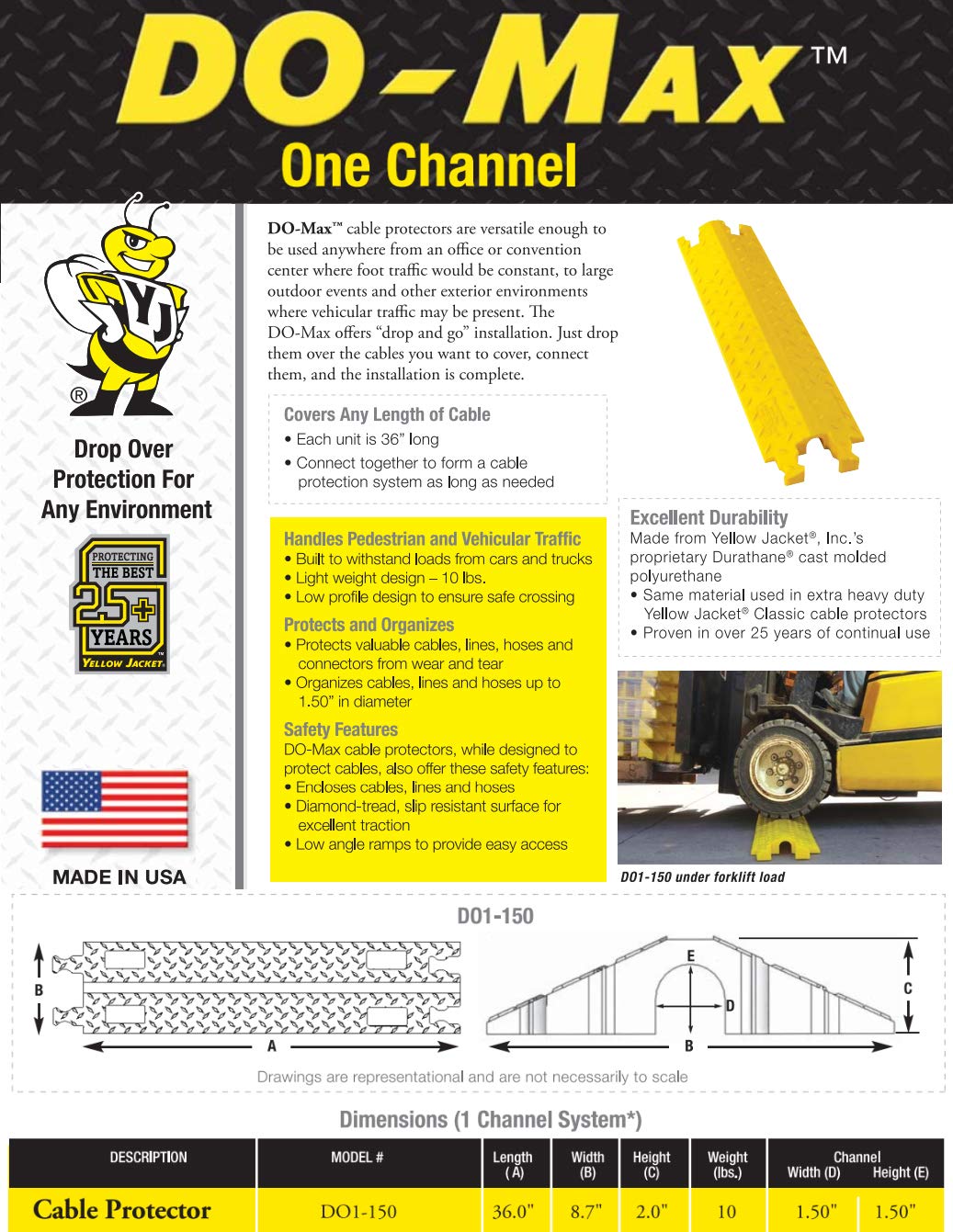 DO-MAX Single Channel Cable Protector - Heavy Duty Yellow Cord Cover for Floor Cables, Perfect for Home, Office & Event Safety Management