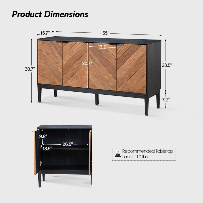 Mila 55 Inch Wide 4 Door Sideboard with Storage - Modern Buffet Cabinet for Dining Room, Living Room & Entryway Organization