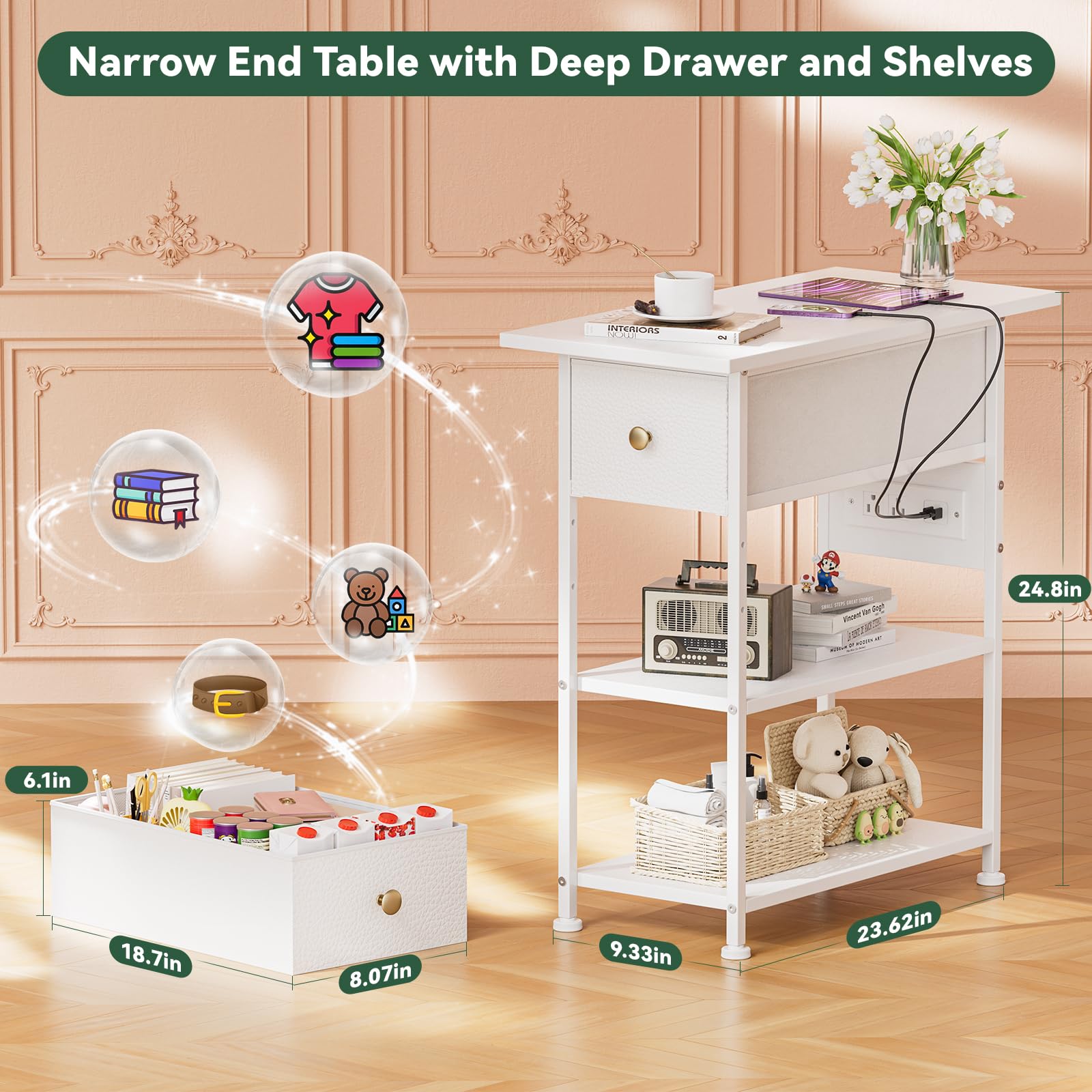 Slim Narrow End Table with USB Charging Station & LED Light - Skinny Nightstand with Drawer and Shelves - Modern White Side Table for Bedroom, Living Room, Small Spaces - Perfect for Apartment, Dorm, Studio & Office Use