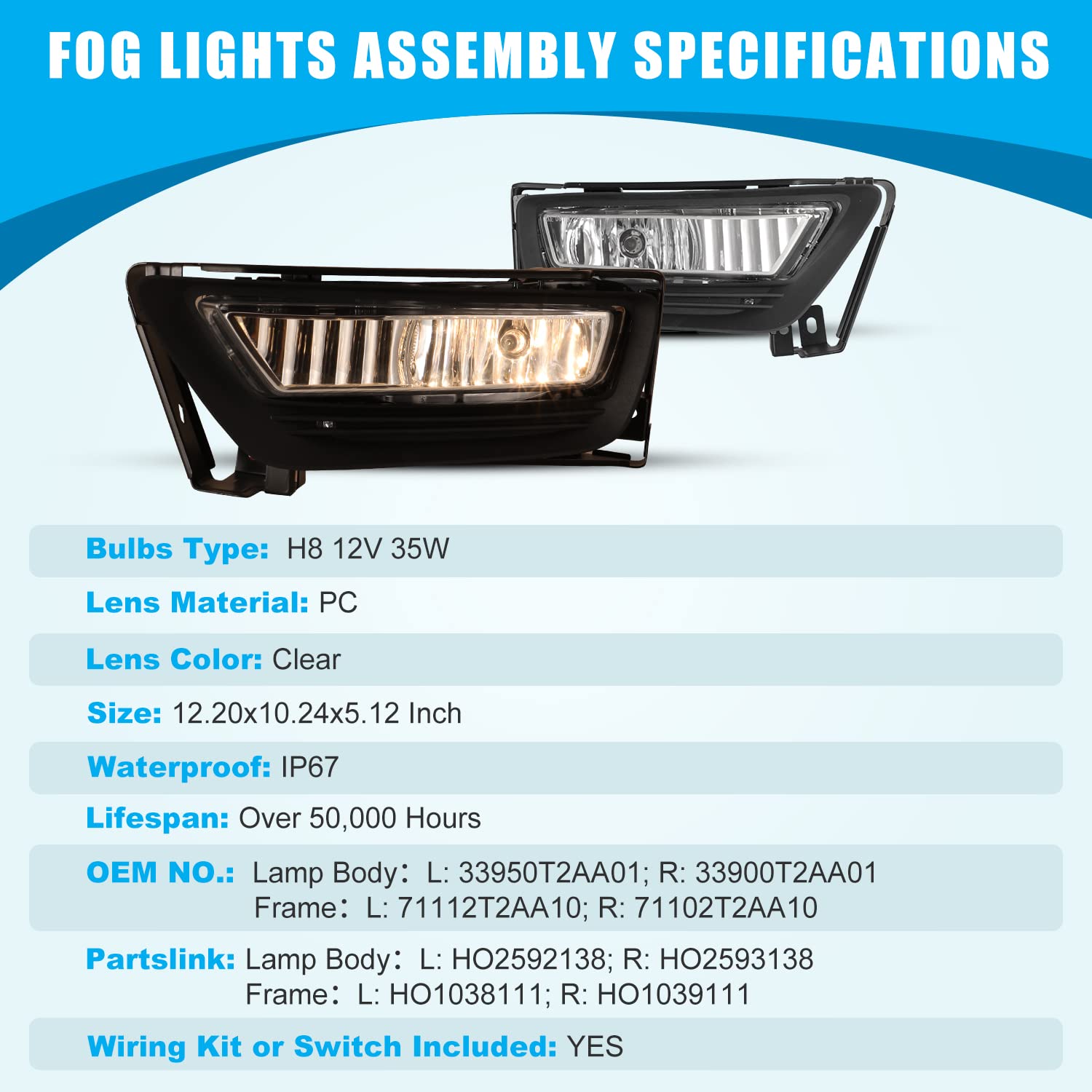 CPW Fog Lights Compatible with 2013-2015 Honda Accord Sedan - Clear Lens Fog Light Kit with Wiring Harness & Switch - Perfect for Night Driving and Foggy Conditions