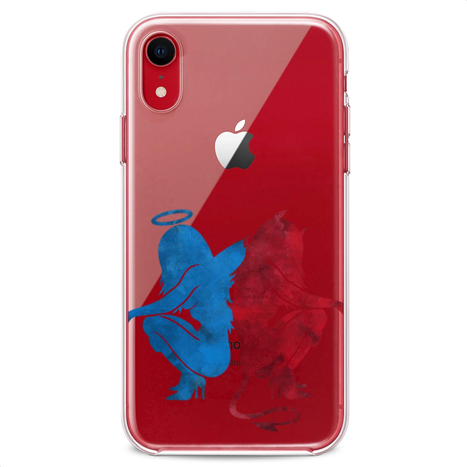 **TPU Case for iPhone 16/15/14/13/12/11 Pro Max/Plus/Mini/XS/XR/X/8+/7/6/5/SE - Angel & Devil Clear Blue Print Art Design, Slim & Flexible Silicone Cover for Women (Cute Watercolor Style) - Perfect for Everyday Use & Gift Giving**