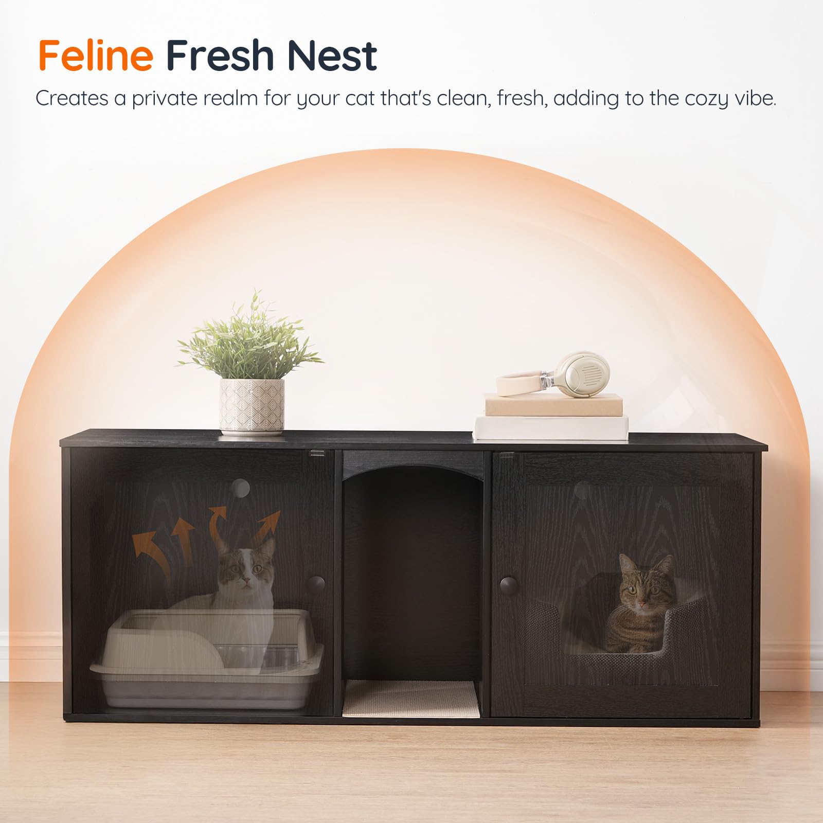 HOOBRO Double Room Cat Litter Box Enclosure - Hidden Wooden Litter Box Furniture for 2 Cats with Scratching Mat & 2 Hooks, Black (BK21MW01) - Perfect for Small Spaces & Multi-Cat Households, Discreet Litter Solution for Living Rooms & Bedrooms