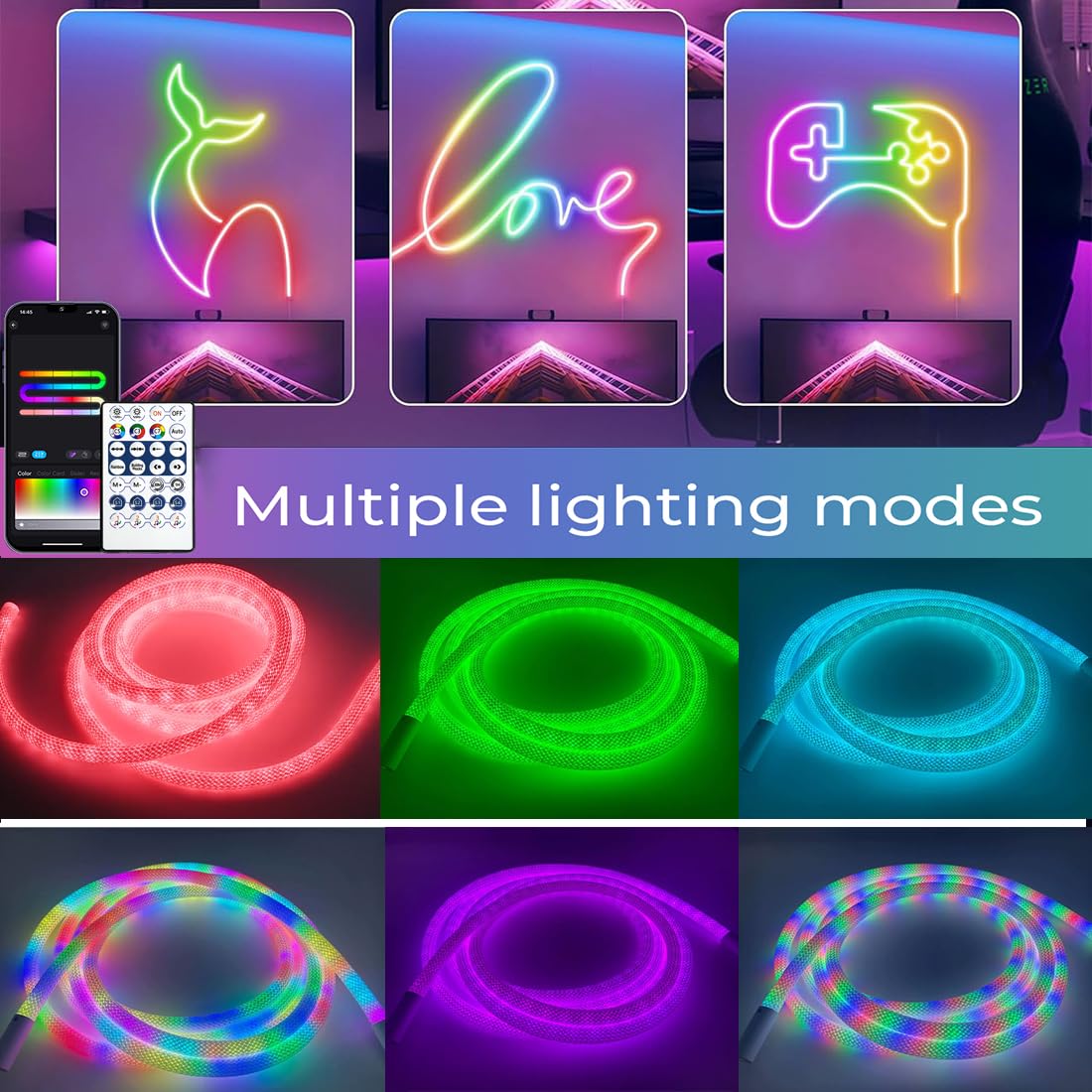 9.8ft Neon Rope Lights - 360° Glow USB Bluetooth LED Strip with APP/Remote Control, IP65 Waterproof Flexible Lighting for Bedroom Wall Decor, DIY Custom Neon Signs - Perfect for Parties, Weddings, Bars, and Outdoor Events