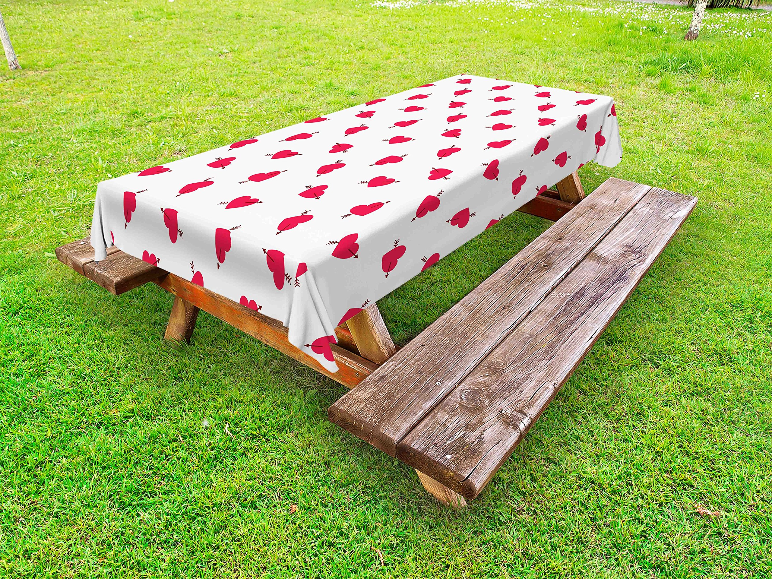 Ambesonne Valentine's Day Outdoor Tablecloth - Cartoon Hearts with Arrows Love Romance Pattern, Washable Picnic Table Cover 58x120 Inches, Dark Coral Brown White - Perfect for Romantic Dinners, Garden Parties & Outdoor Decor