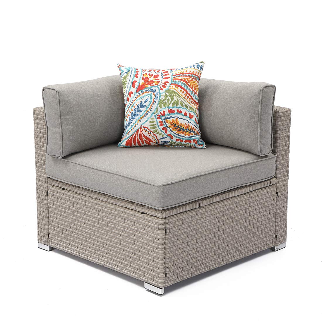 Outdoor Wicker Sectional Sofa Left Corner Chair with Warm Gray Thick Cushions & Floral Pillow - Expandable Patio Furniture for Garden, Pool, Backyard & Outdoor Living Spaces