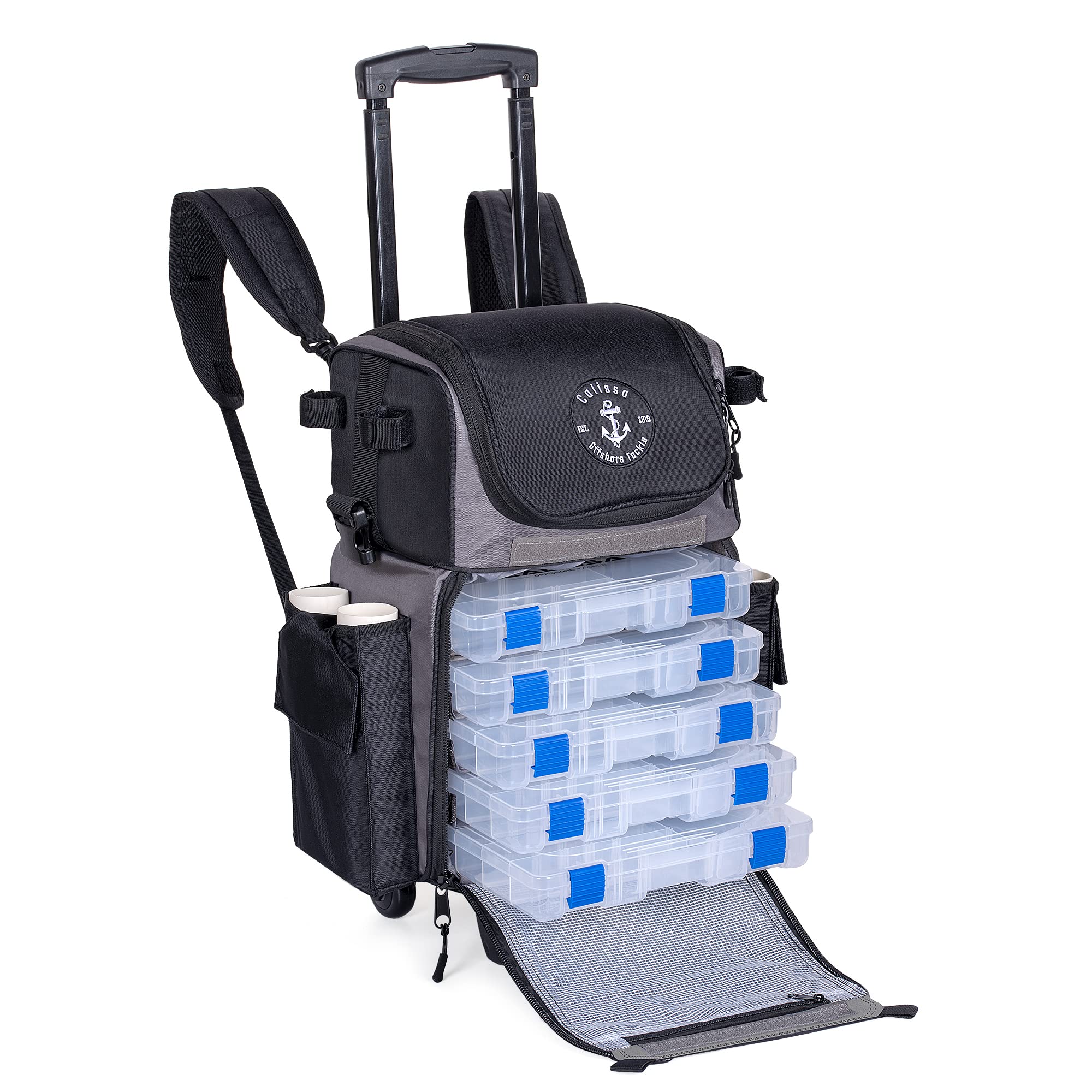 Calissa Offshore Rolling Fishing Tackle Box with Wheels - Waterproof Fishing Backpack with Rod Holders & Storage Compartments | Perfect for Saltwater Fishing, Beach Trips & Boat Excursions