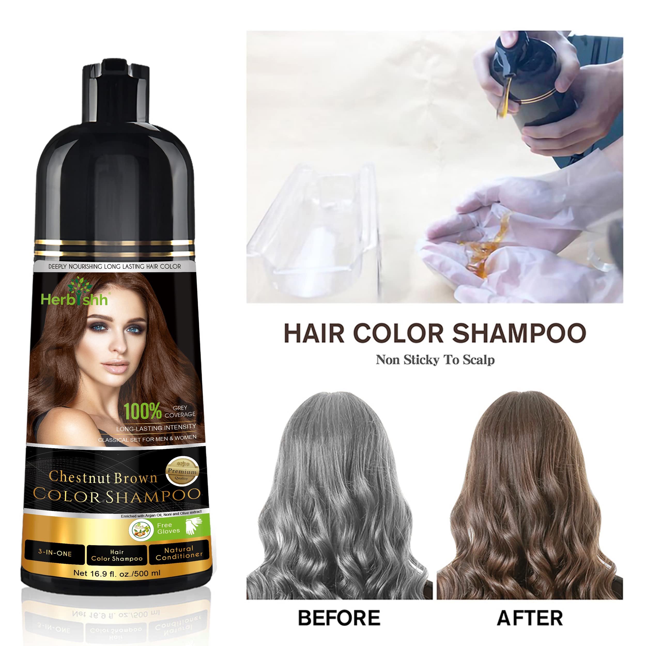 Herbishh Chestnut Brown Hair Color Shampoo Set - 3 Bottles with Deep Conditioning Hair Mask & Styling Brush | At-Home Hair Coloring & Nourishment for Vibrant, Long-Lasting Color