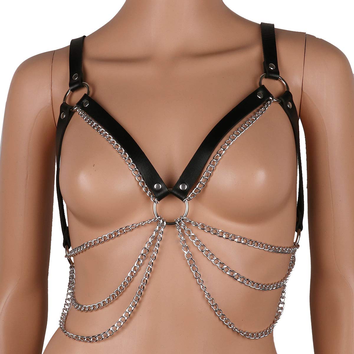 Punk Waist Belt Body Chain - PU Leather Chest Harness with Metal O-Rings & Tassel Chains - Gothic Fashion Accessory for Women - Perfect for Music Festivals, Rave Outfits & Edgy Street Style
