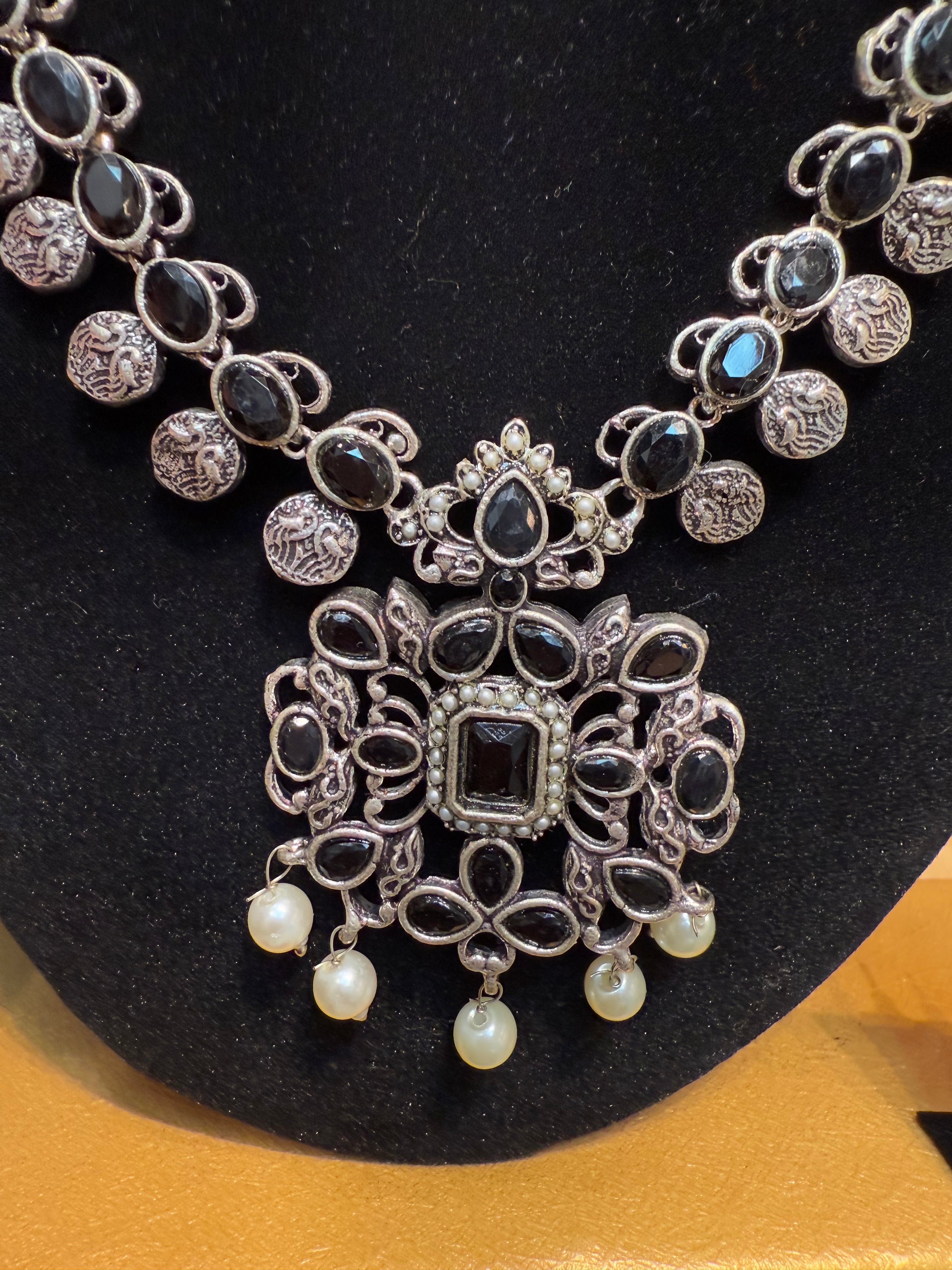 Elegant Black Oxidized Long Necklace and Earrings Set for Women - Perfect for Evening Parties, Weddings, and Special Occasions