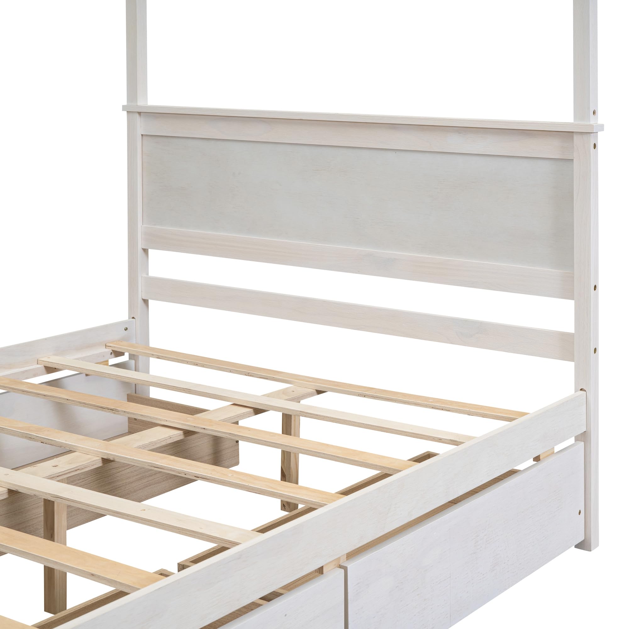 Full Size Canopy Bed with 4 Storage Drawers & Headboard - Wooden Platform Bed Frame, Four Poster Bed in Brushed White - Perfect for Master Bedroom, Guest Room & Small Space Storage Solutions