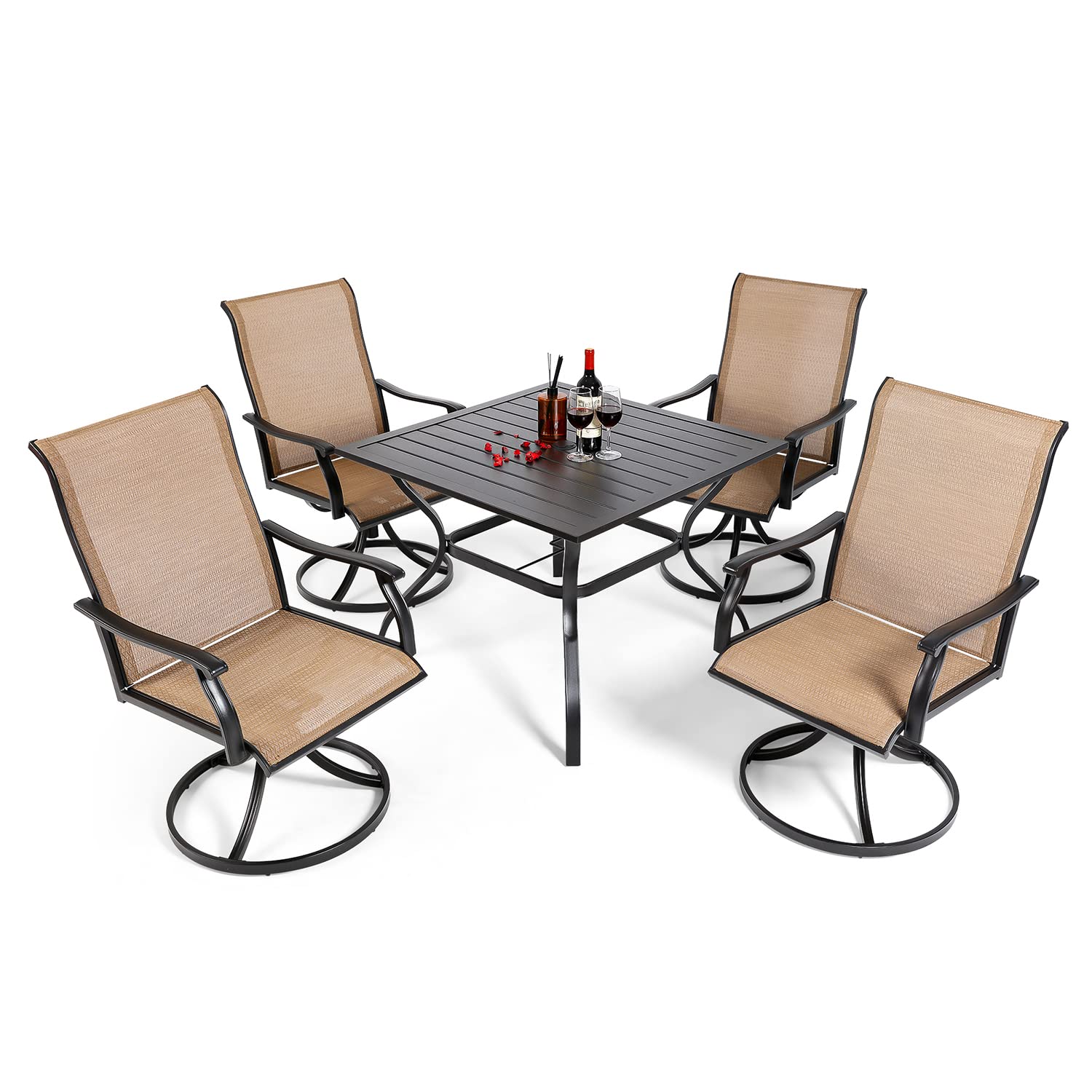 5-Piece Outdoor Patio Dining Set for 4 - Metal Swivel Chairs & Square Table with 1.57