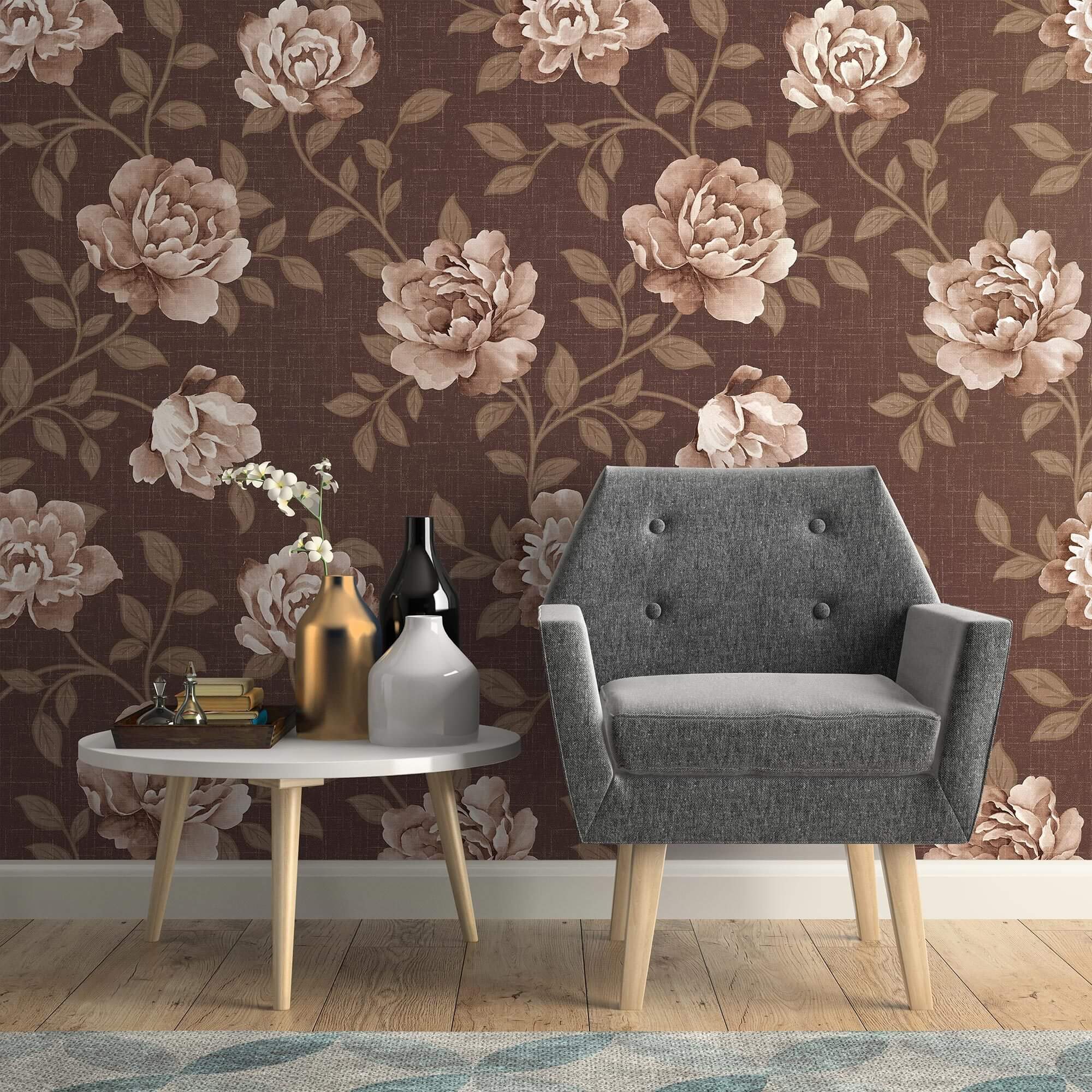 Brown Textured Floral Peel and Stick Removable Wallpaper - Self-Adhesive Wall Decor for Bedroom, Living Room & Nursery - Easy DIY Home Renovation