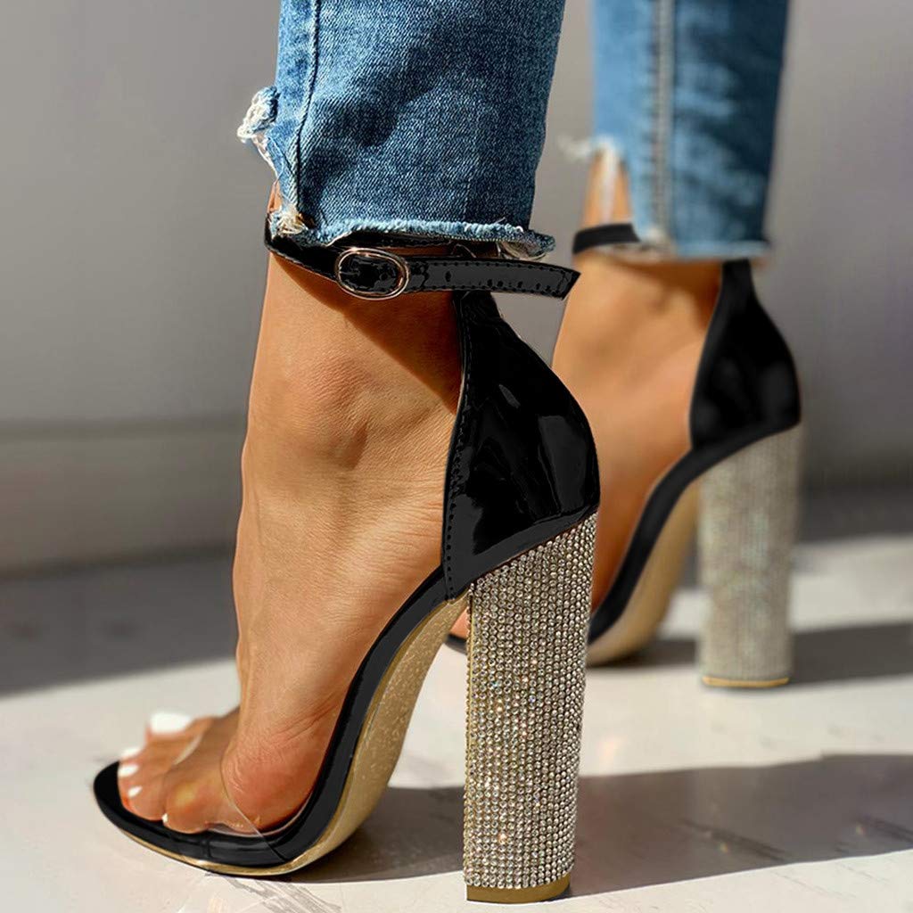 Sexy Women's High Heel Pumps with Rhinestone Ankle Strap - Chunky Block Heel Dress Shoes for Party, Wedding & Evening Events - Comfortable Sandals for Women