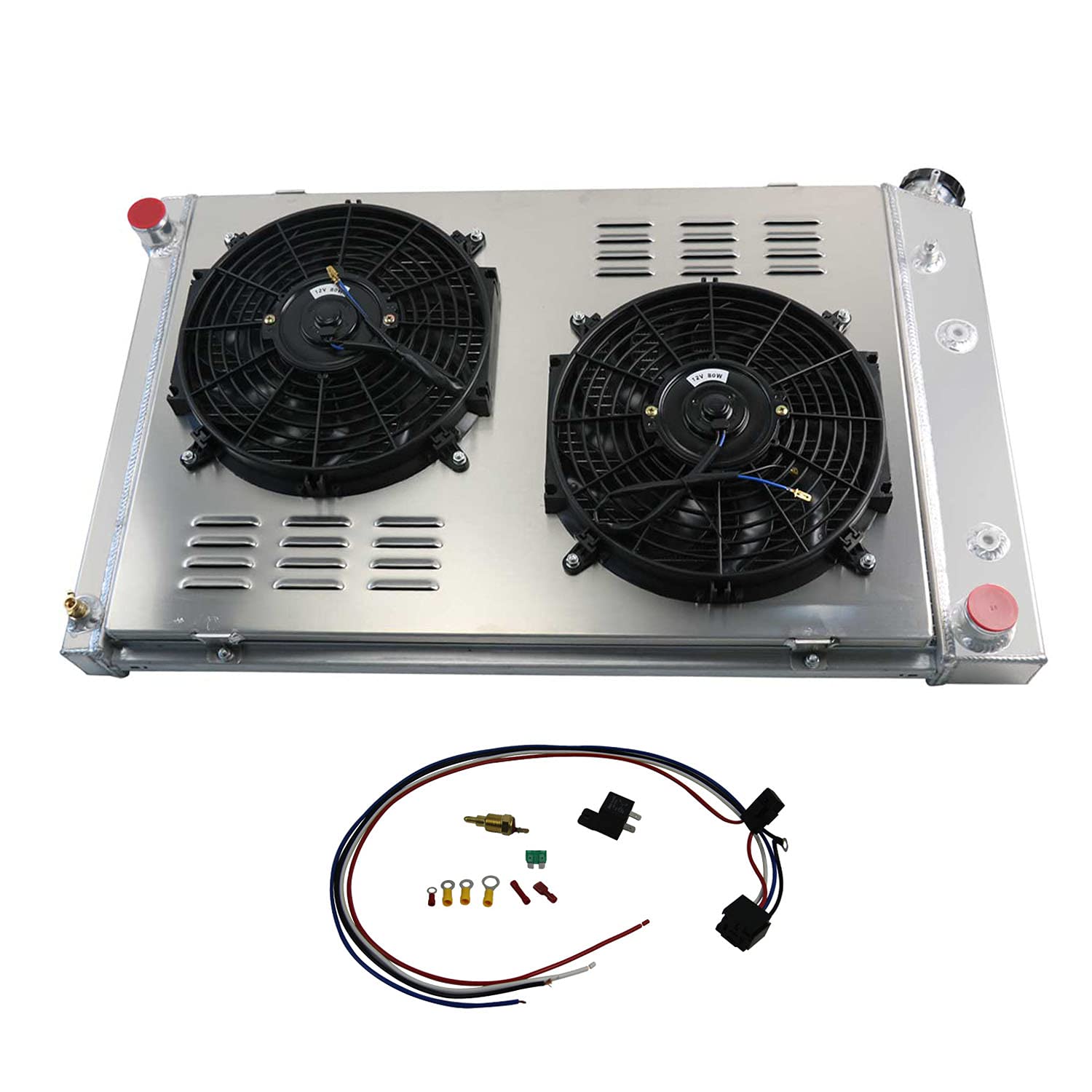 High-Performance ECMRAD 3-Row Aluminum Radiator for 1981-1986 Chevy K5 Blazer & Silverado 5.0L 5.7L V8 - Includes Dual 12