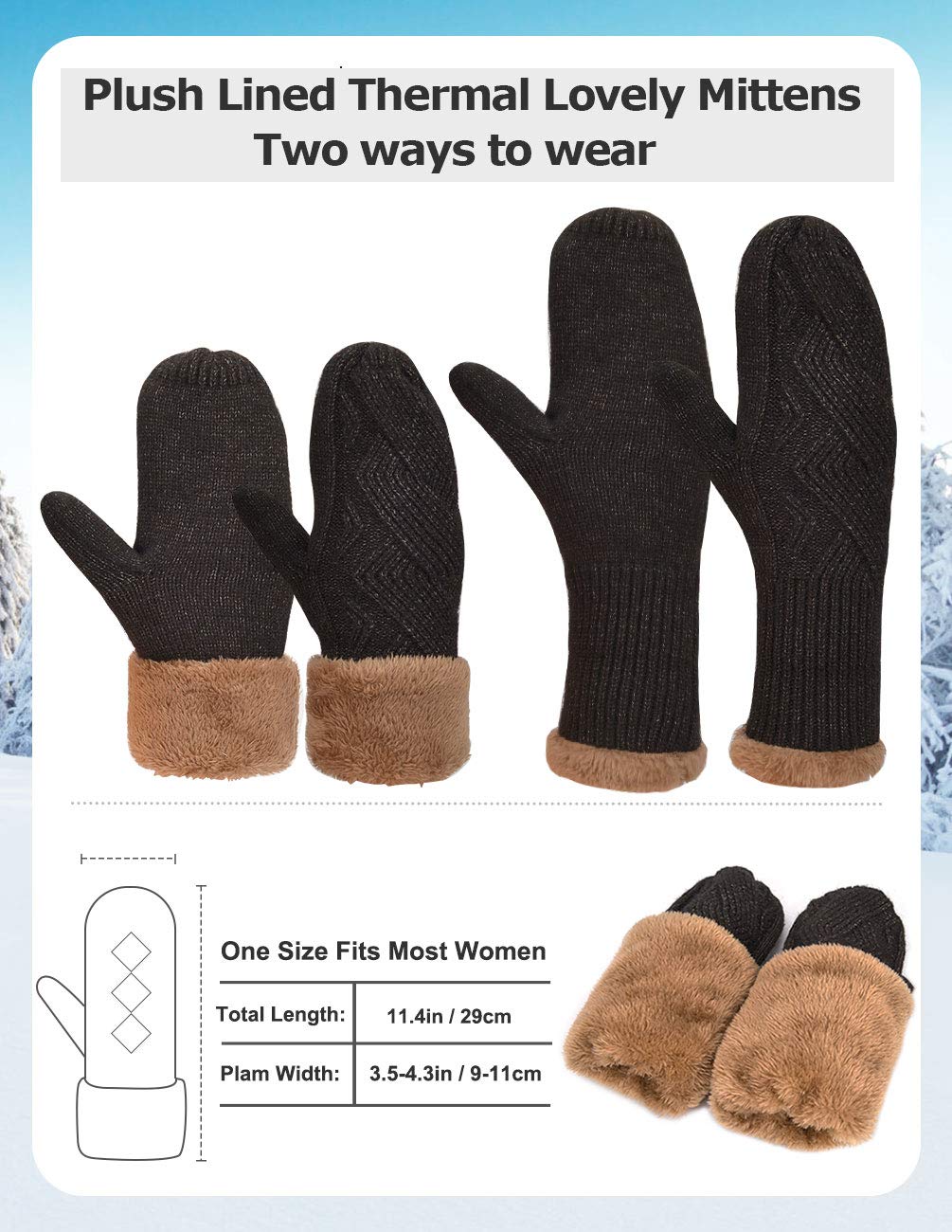 Maylisacc Women's Thermal Winter Beanie & Mittens Set - Double Layer Fleece Lining, Knitted Pom Hat with Faux Fur - Perfect for Skiing, Snowboarding, Cycling & Outdoor Winter Activities