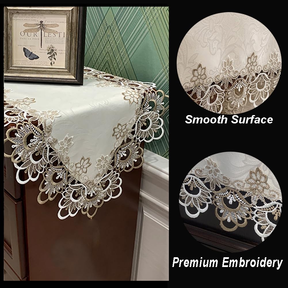 AMZALI Macrame Table Runners for Party, 70inch Lace Floral Embroidered Rectangle Table Dresser Scarf, Wedding and Home Decor, Beige & White