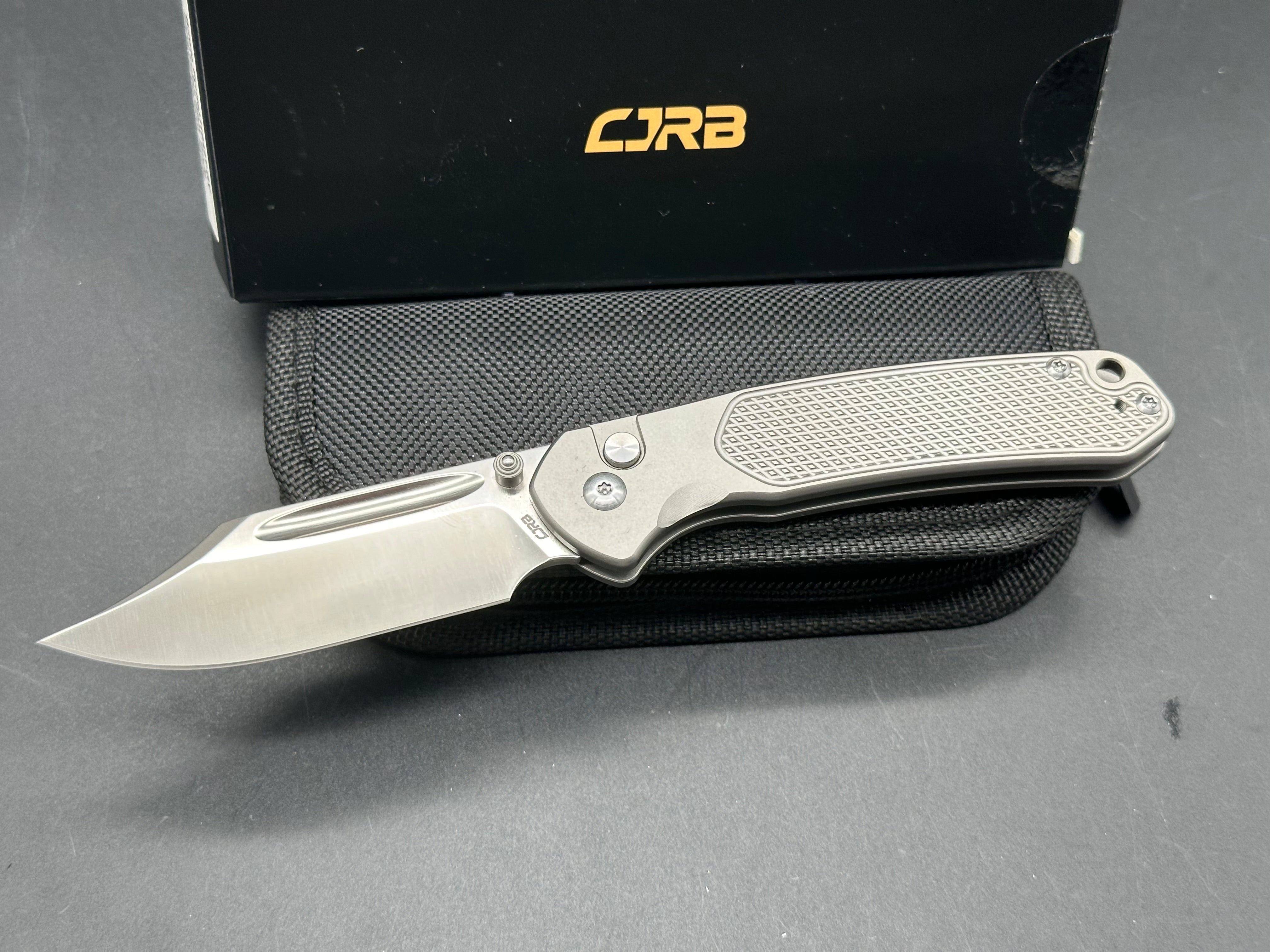 CJRB Bowie Pyrite Button Lock Folding Knife - Textured Gray Titanium Handle, 3.2