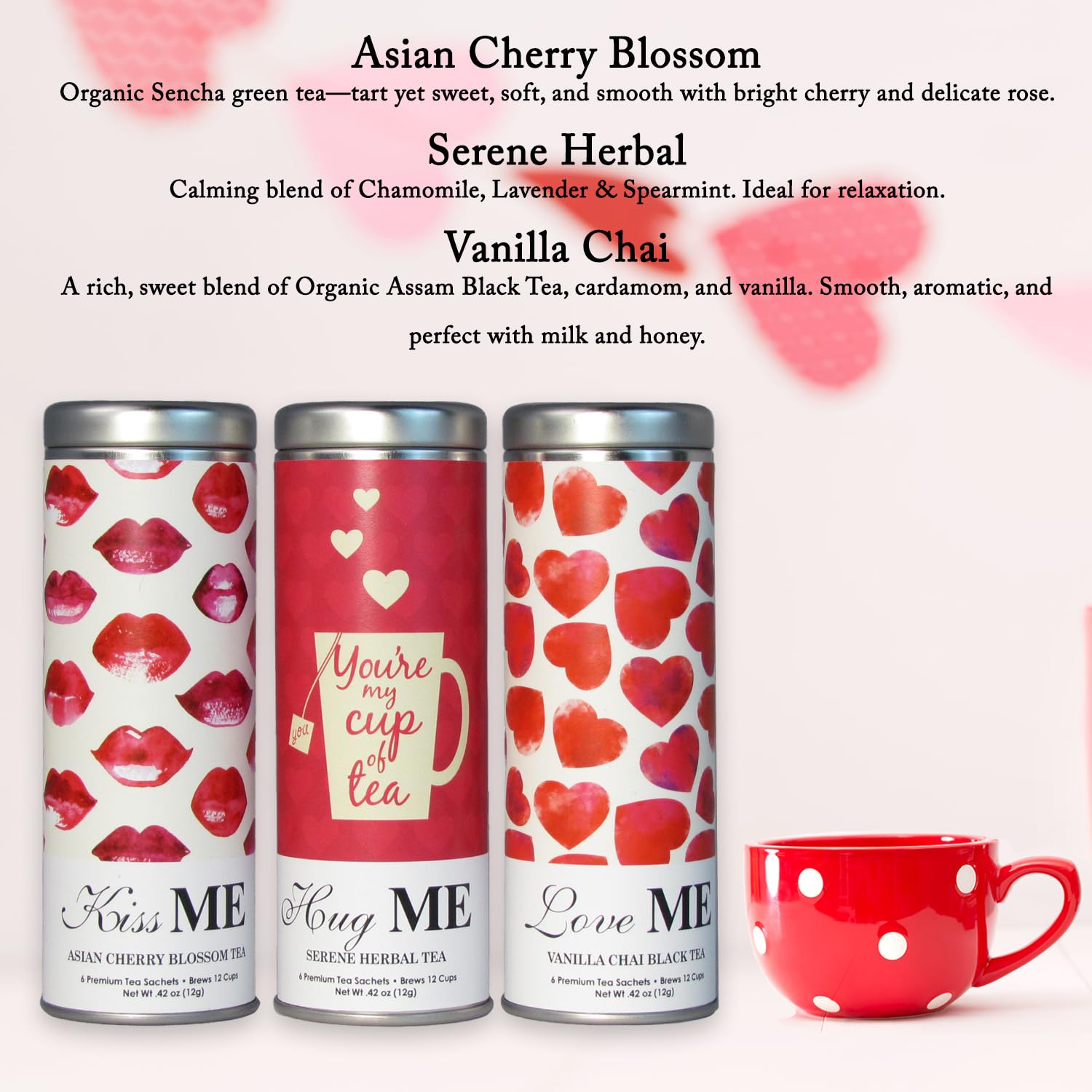 La Tea Dah Hugs and Kisses Tea Gift Basket - Premium Tea Assortment Set with 3 Specialty Flavors in Valentine Gift Box | Birthday Gift for Women, Her, Mom, Wife | Perfect for Valentine's Day, Mother's Day, Anniversary & Tea Lovers