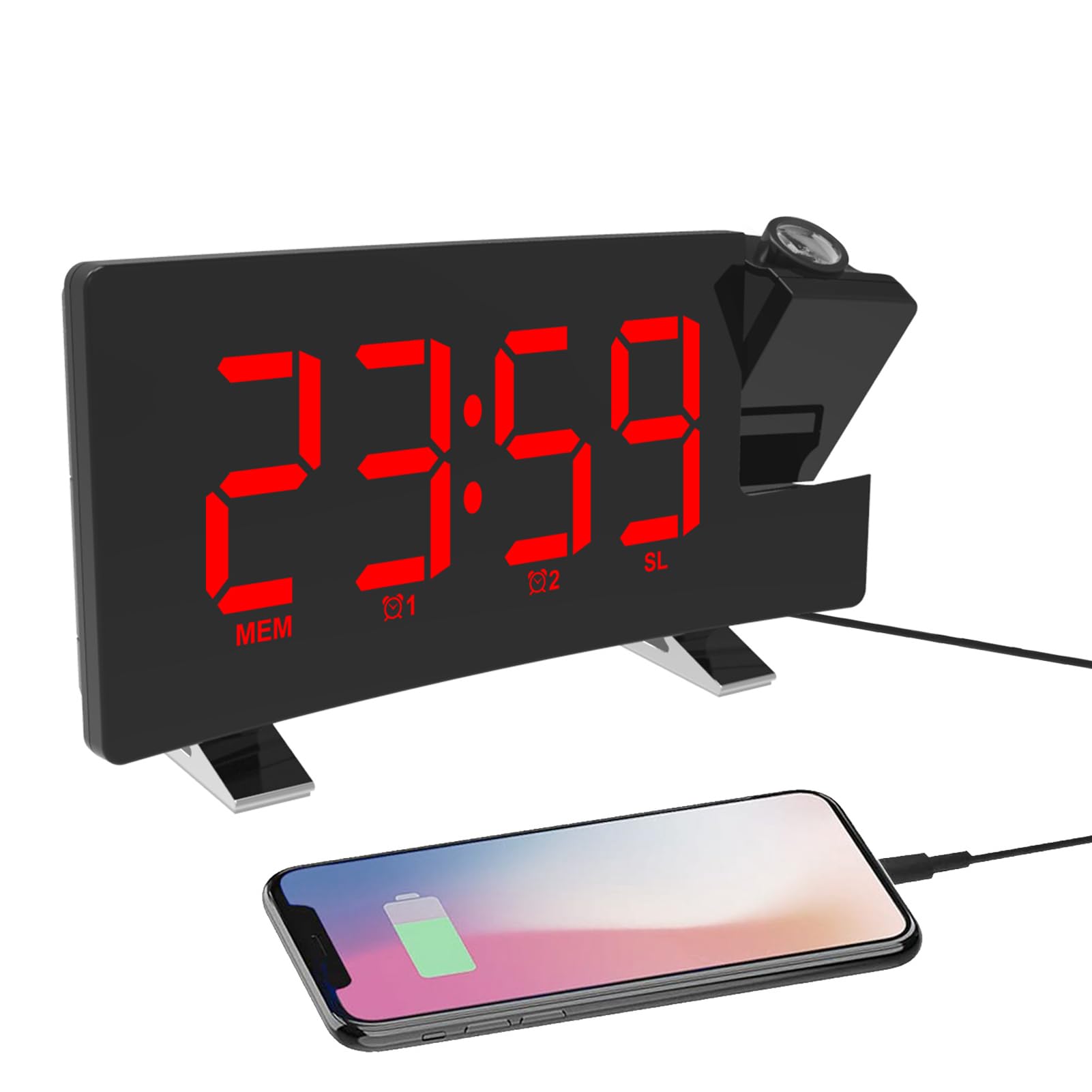 ThreeH Projection Alarm Clock with USB Phone Charger, FM Radio, Dual Alarm, 4-Level Dimmer, 180° Rotation & 5.5