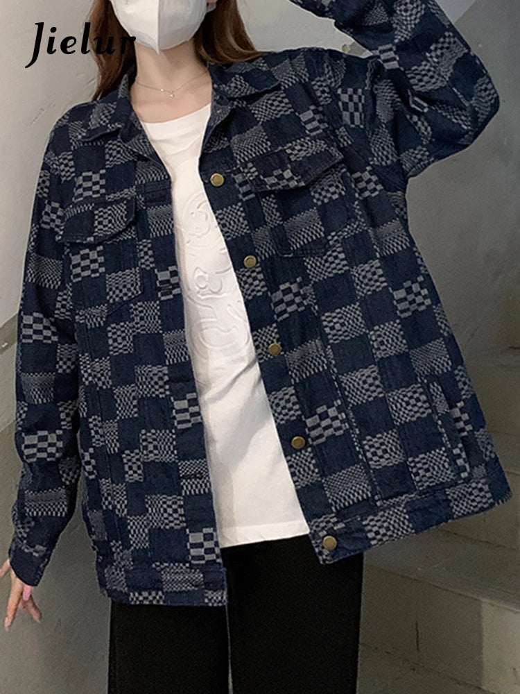 Stylish Women's Autumn Korean Fashion Denim Jacket - Loose Fit Retro Blue Black Plaid Checkerboard Coat for Casual Outings and Layering