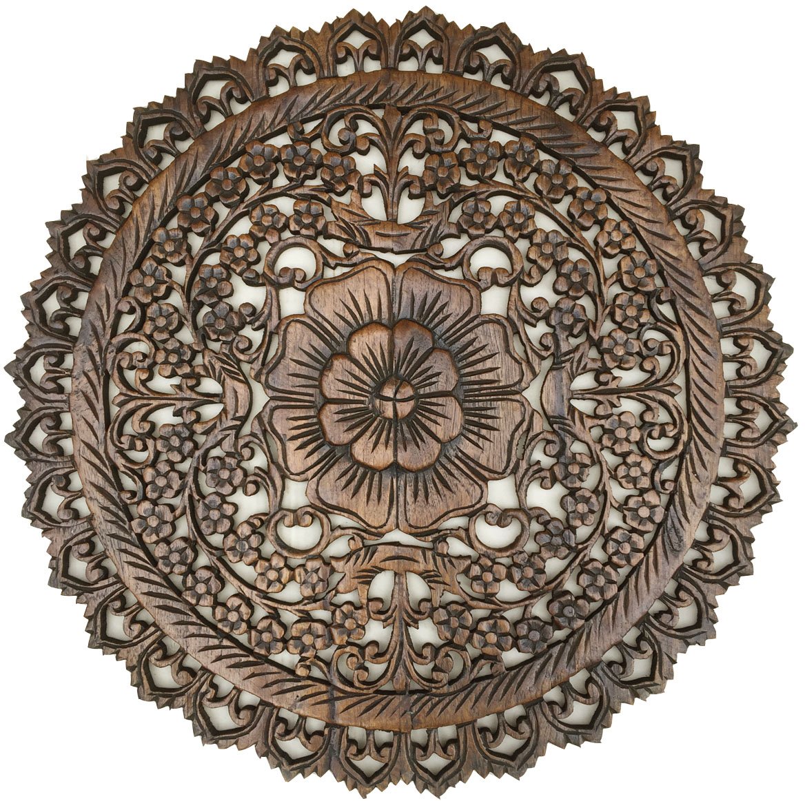 Tropical Bali Wood Carved Wall Art Plaque - Round Floral Wood Wall Decor Hanging, 24