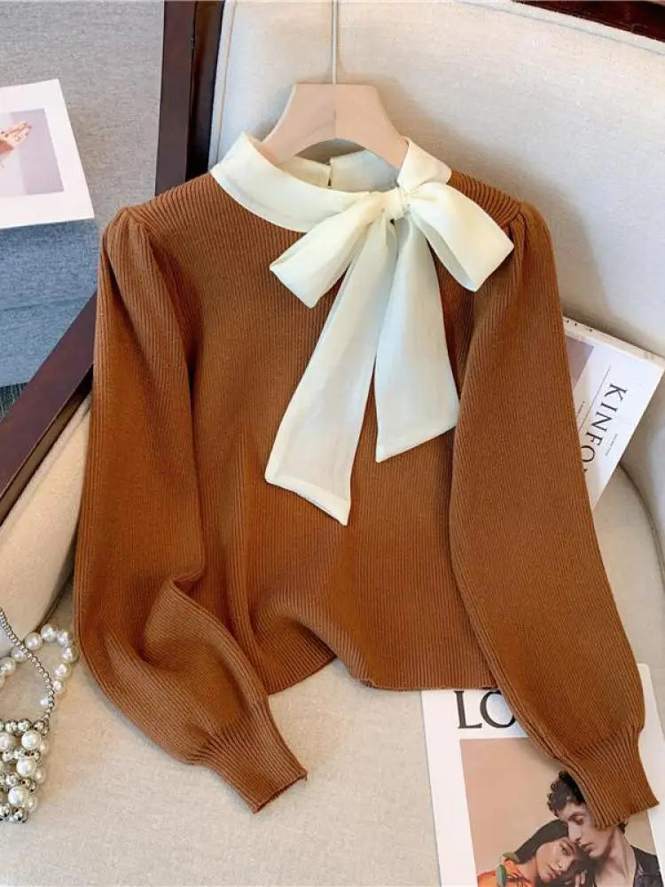 Elegant Black Patchwork Bow Collar Women's Knit Sweater - Korean Chic Slim Fit Long Sleeve Pullover Top for Office Ladies | Fall Winter Fashion | Perfect for Work, Dating & Casual Outings