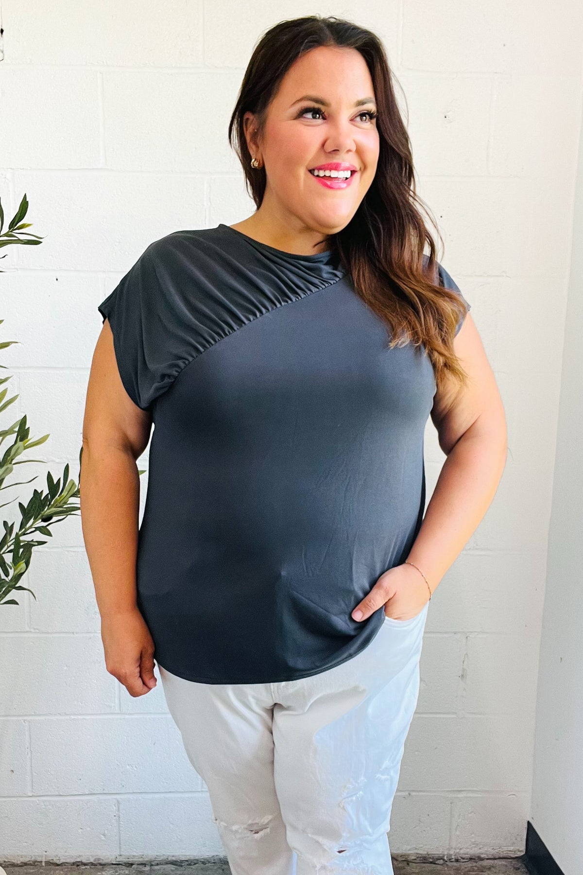Stylish Charcoal Asymmetrical Drop Shoulder Modal Top - Comfortable & Trendy Women's Blouse for Casual Outings & Date Nights