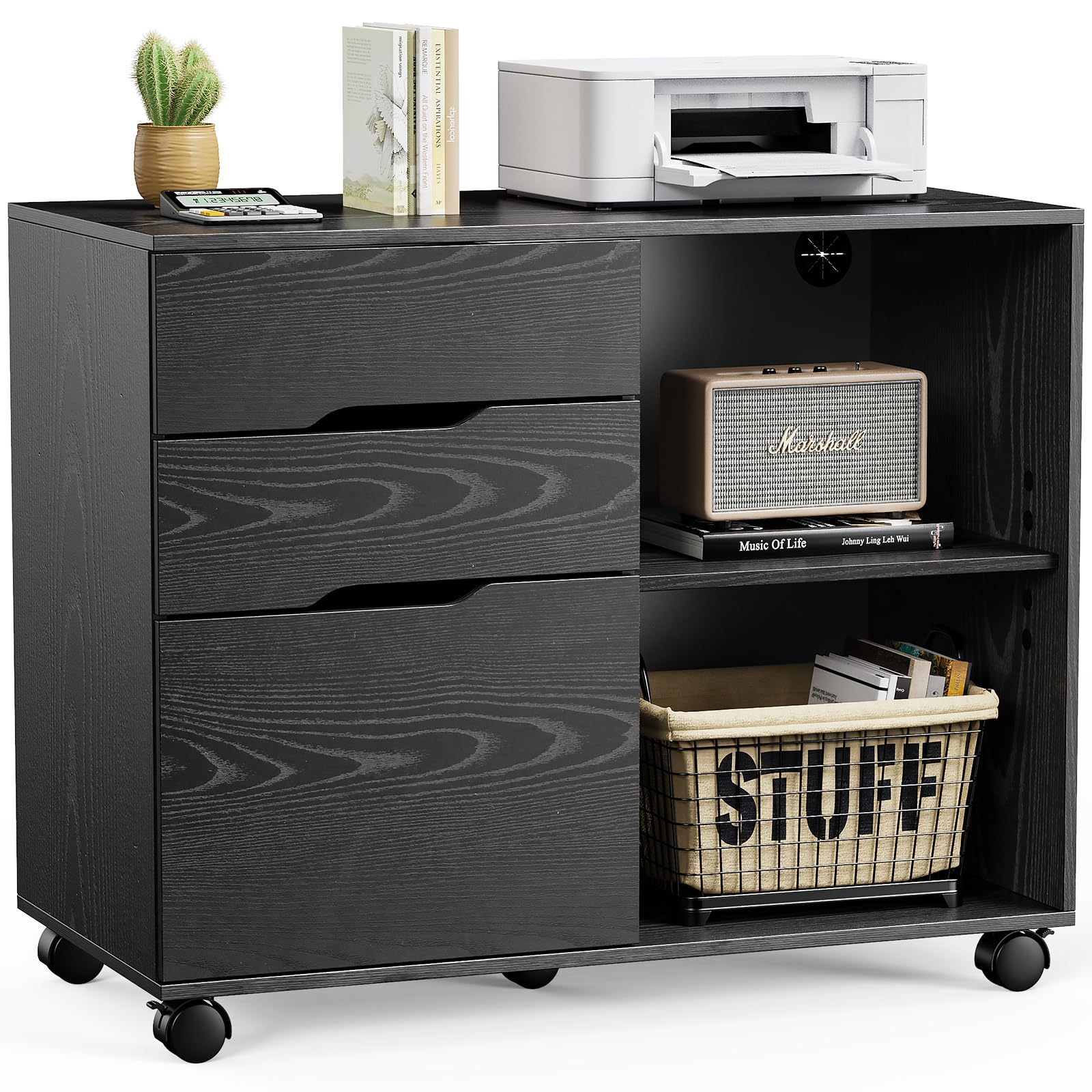 NewBULIG 3-Drawer Mobile Wooden Lateral Rolling File Cabinet with Adjustable Shelves - Printer Stand with Wheels for Home Office Organization, Black - Perfect for Document Storage & Workspace Organization