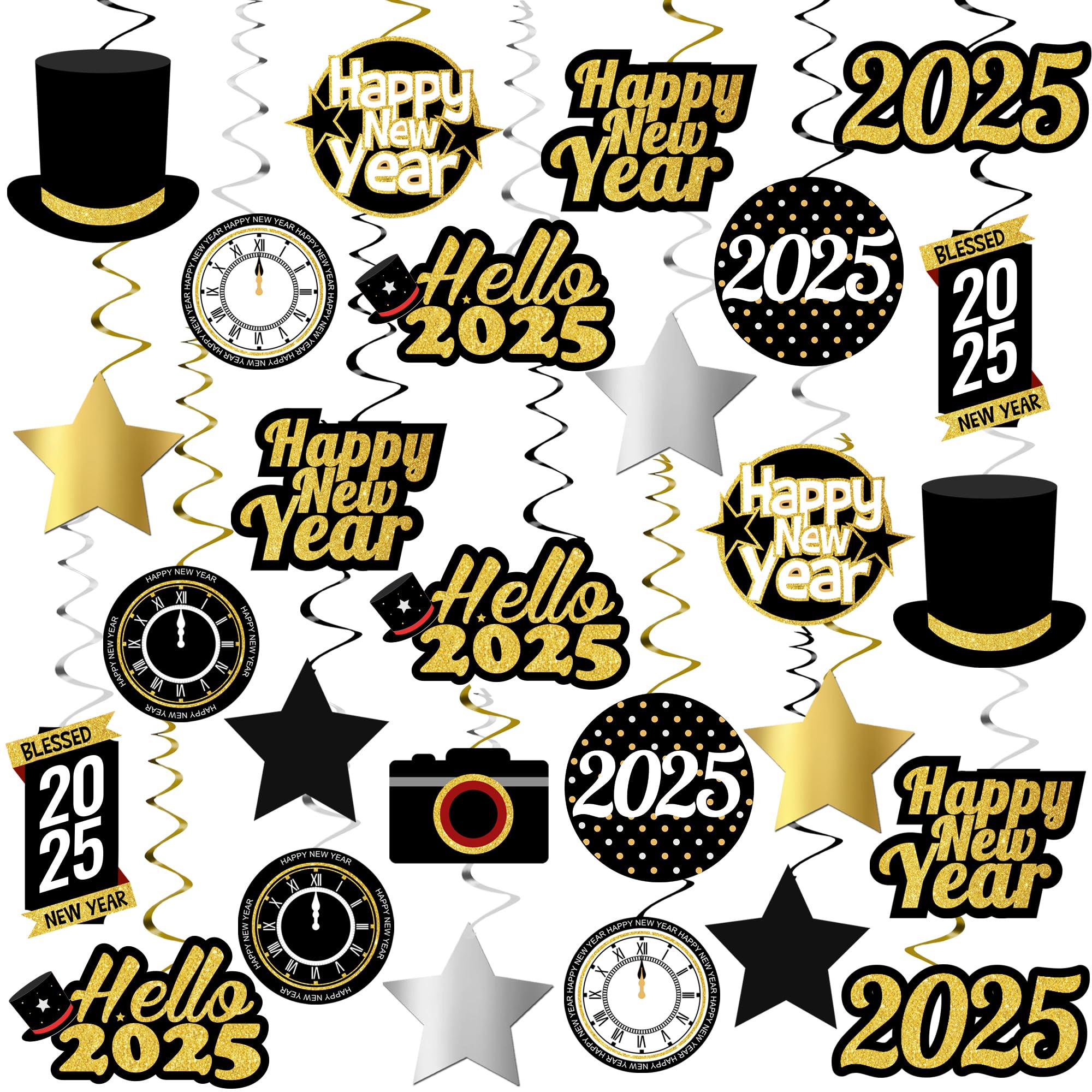 KatchOn 30-Pack Shiny Happy New Year Hanging Swirls - 2025 New Year's Eve Party Supplies & Decorations for Home, Office, and Festive Celebrations