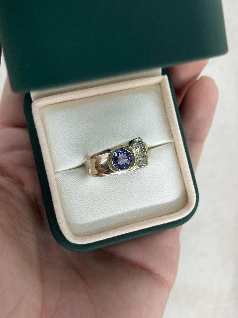 1.12tcw Vivid Violet Round Cut Tanzanite & Diamond Ring in 14K Two-Tone Gold – Perfect for Engagement, Anniversary & Special Occasion Gifts