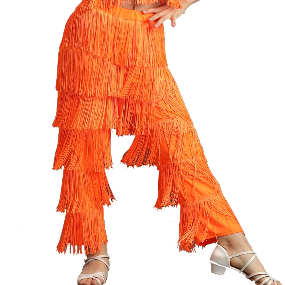Women's Fringe Dance Pants - Latin Ballroom Tassel Performance Costume with Elastic Waist for Salsa, Tango & Practice - Black (Perfect for Dance Competitions & Stage Shows)