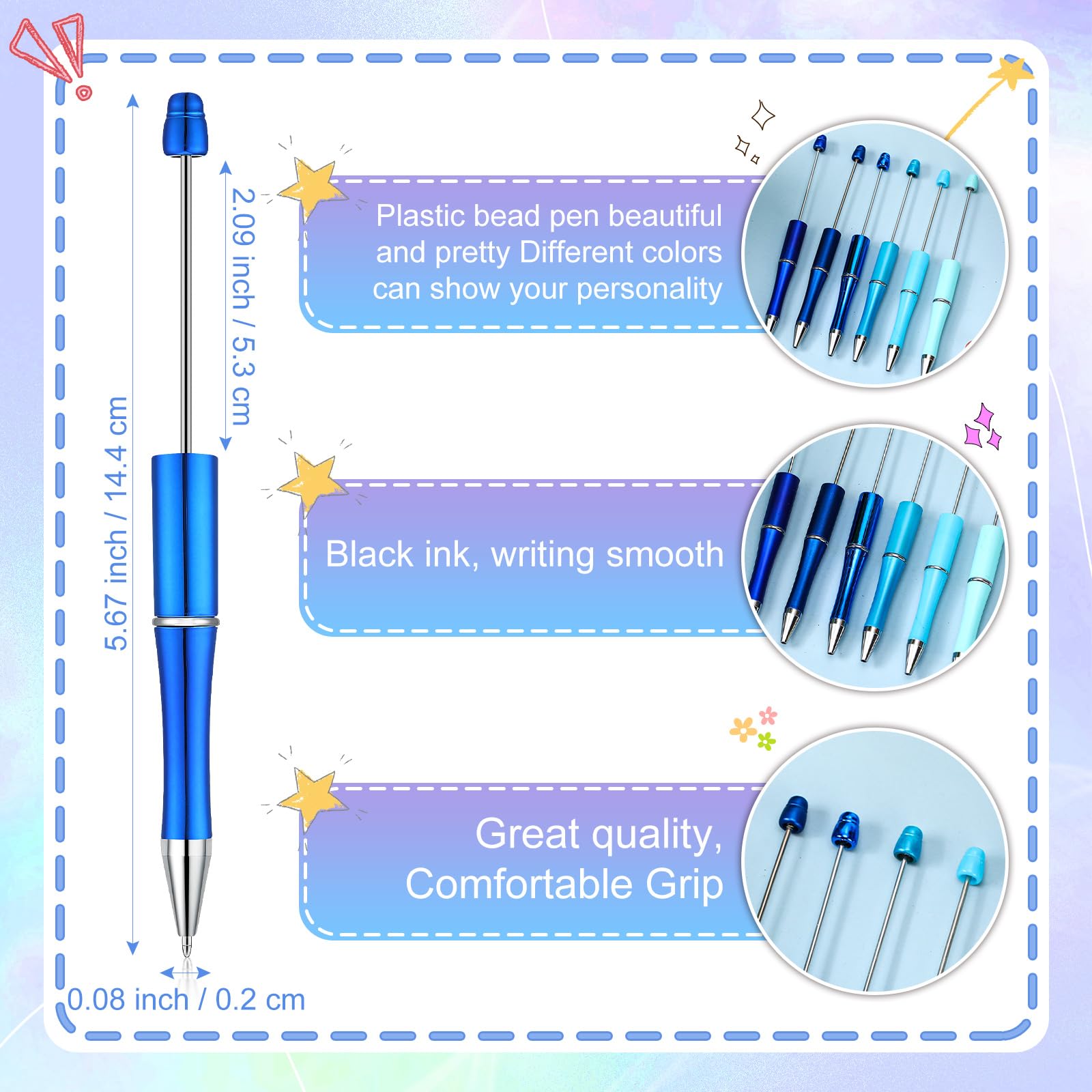 Kosiz 60-Pack Plastic Beaded Ballpoint Pens with Black Ink - Fun Beadable Pens for Kids, Students, Office & School Supplies (Blue Series, Simple Design) - Perfect for DIY Crafts, Classroom Rewards & Party Favors