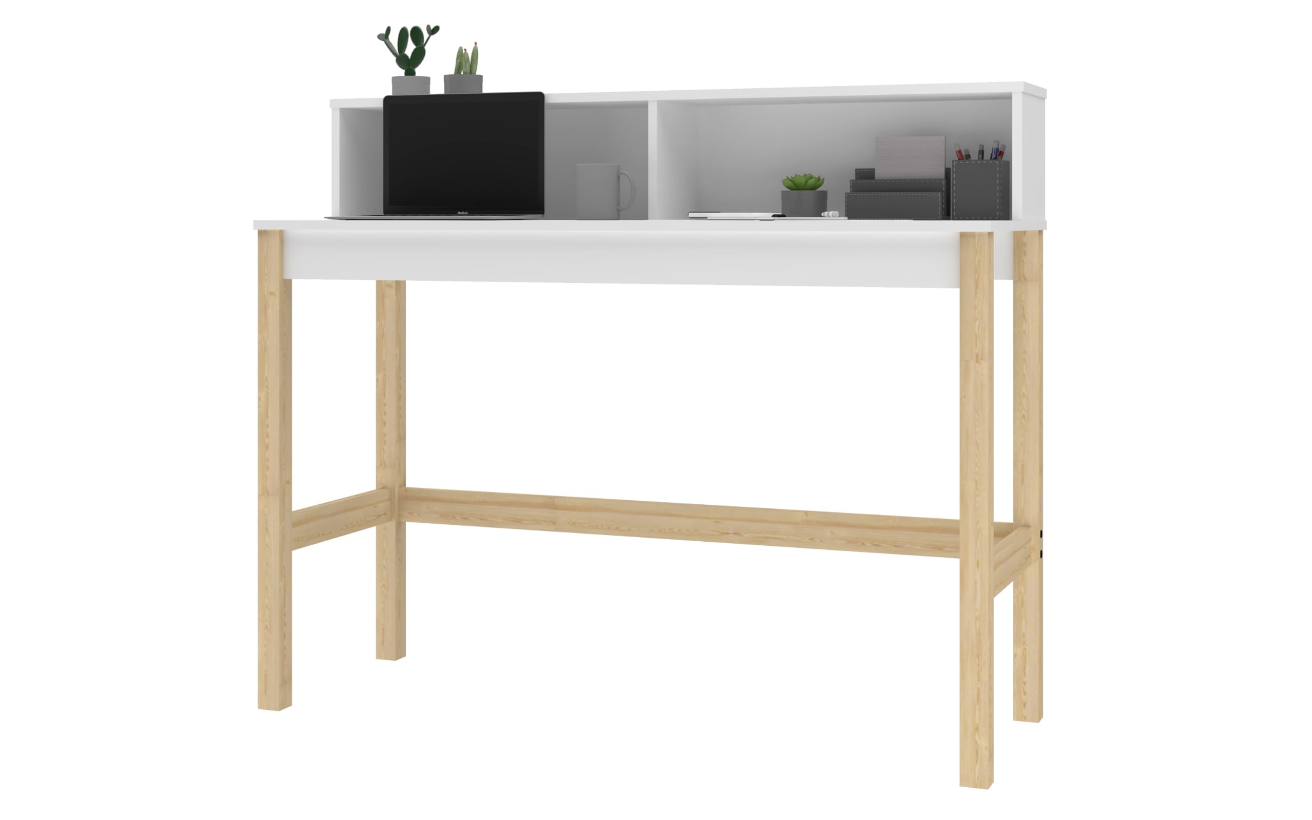 Mid Century Modern Home Office Desk 47 Inch - Manhattan Comfort Bowery Study Table with 2 Storage Cubbies & Rustic Wood Base, White Oak Finish - Perfect for Small Spaces, Entryway Furniture or Workspace Decor