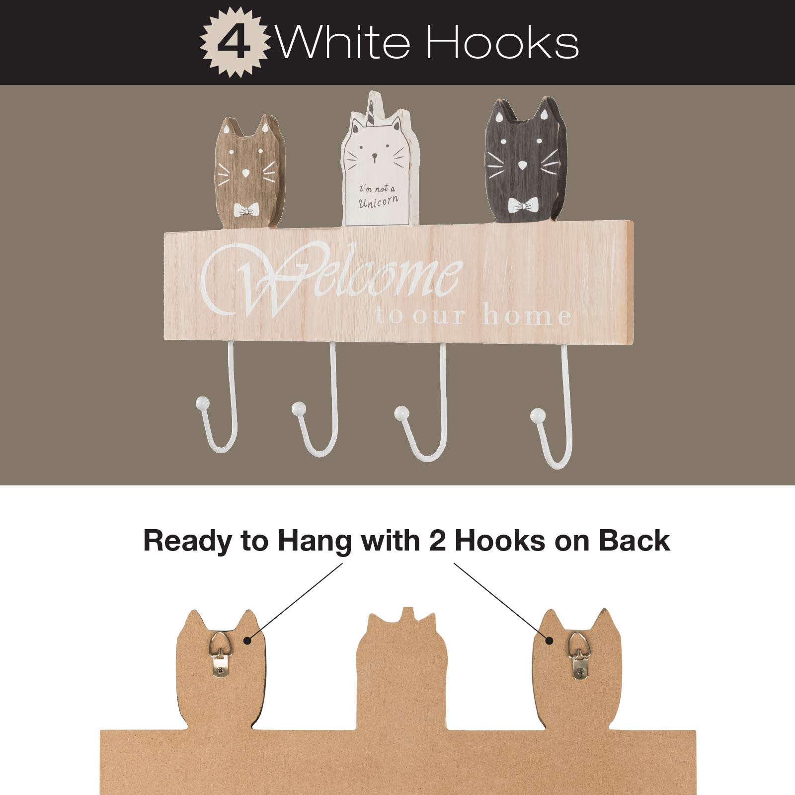 EXCELLO GLOBAL 16-inch Wall Mounted Cat Themed Coat Rack with 4 Hooks - Perfect for Entryway, Bedroom, or Pet Room Organization