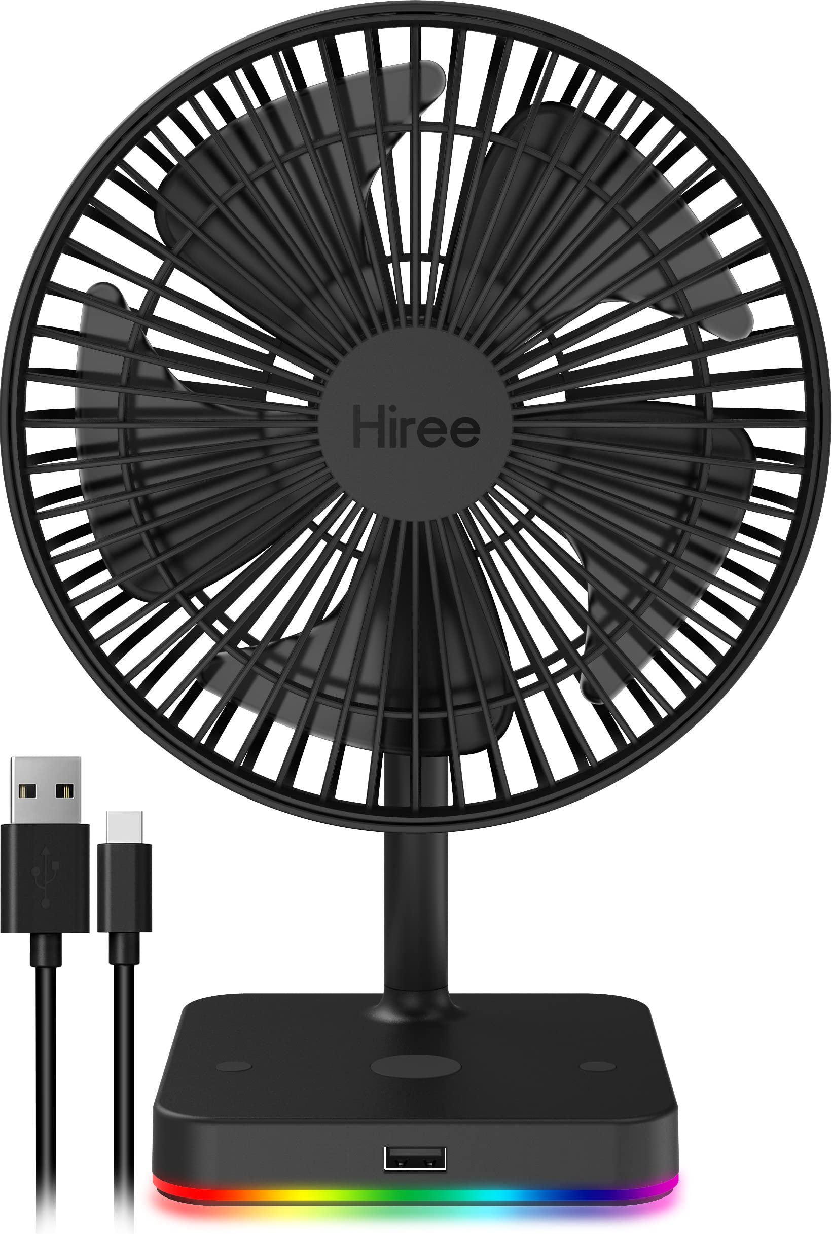 Hiree Personal USB Desk Fan with LED Lights - Ultra Quiet Air Circulator, Adjustable Speed, 1 USB Charging Port - Perfect for Home, Bedroom, Office & Dorm Room Cooling | Portable for Travel & Workspace Comfort
