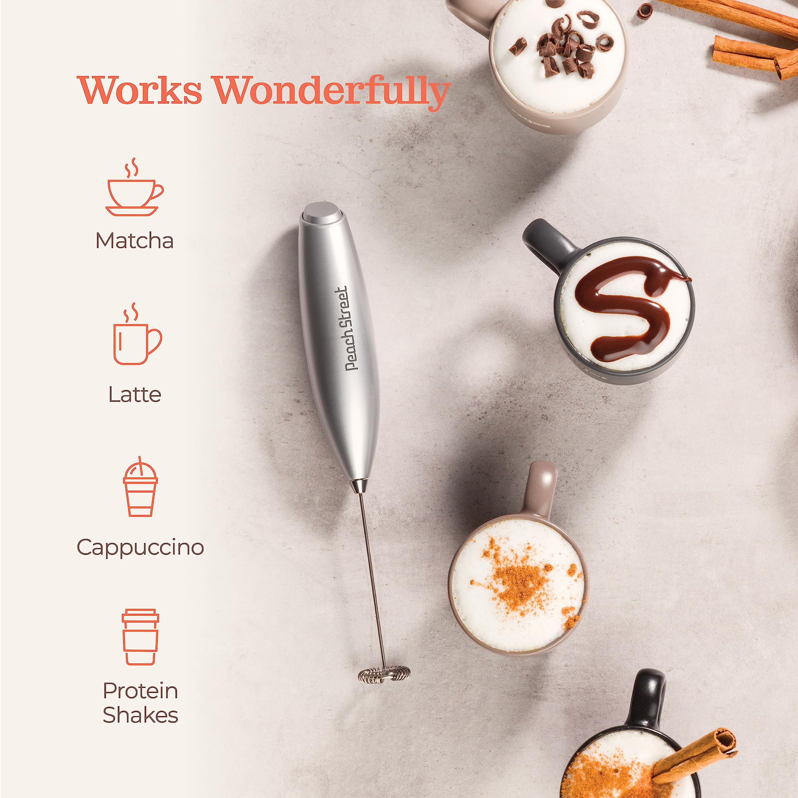 Premium Handheld Milk Frother - Battery Operated Stainless Steel Drink Mixer with Stand for Coffee, Lattes, Cappuccino | Perfect for Home Baristas & Coffee Lovers - Create Cafe-Quality Foam for Hot Chocolate, Matcha & Frappes